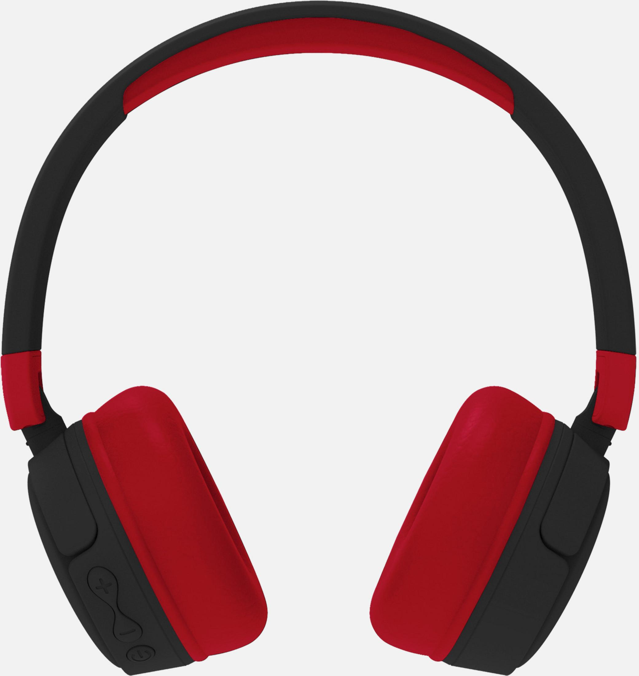 Casque rouge et noir avec coussinets et arceau.