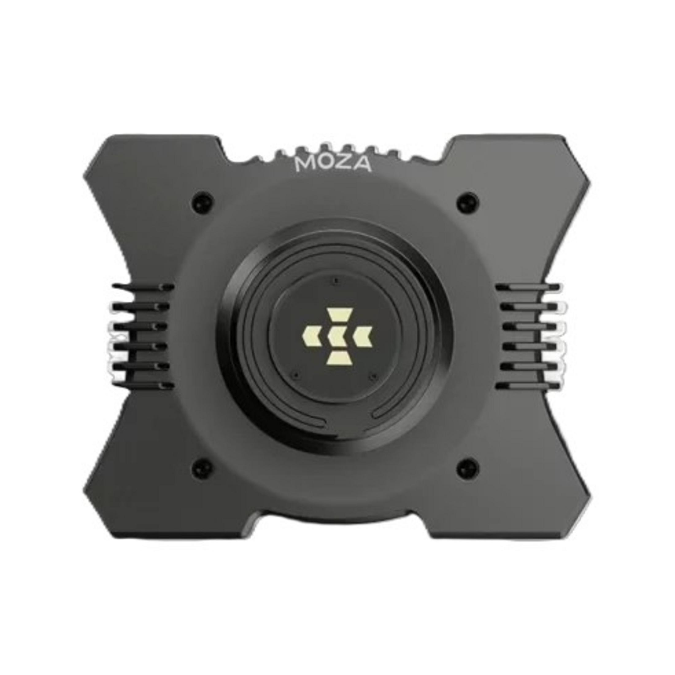 Un moteur de cardan noir avec le logo MOZA et un symbole lumineux.