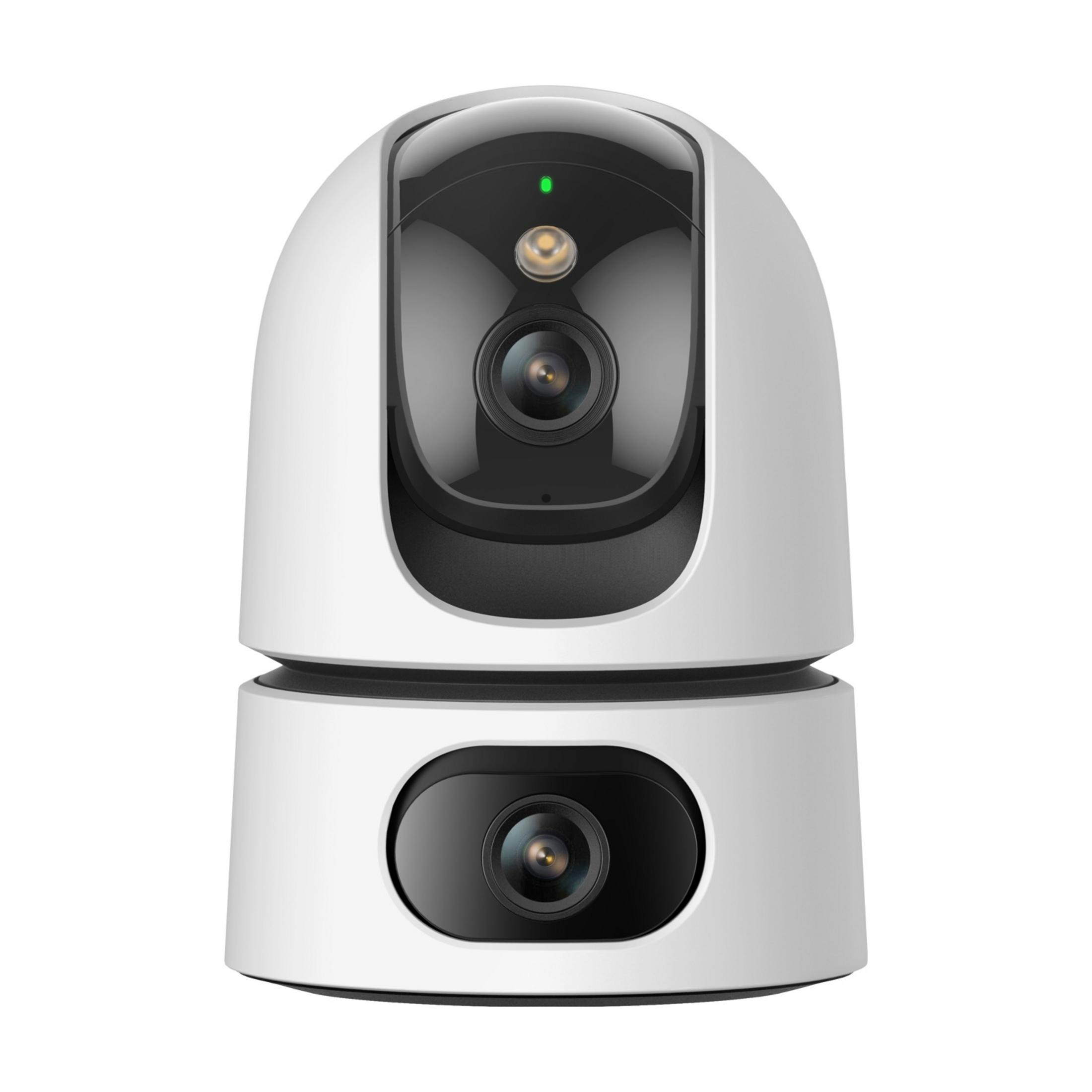A white security camera with two lenses and a green light.