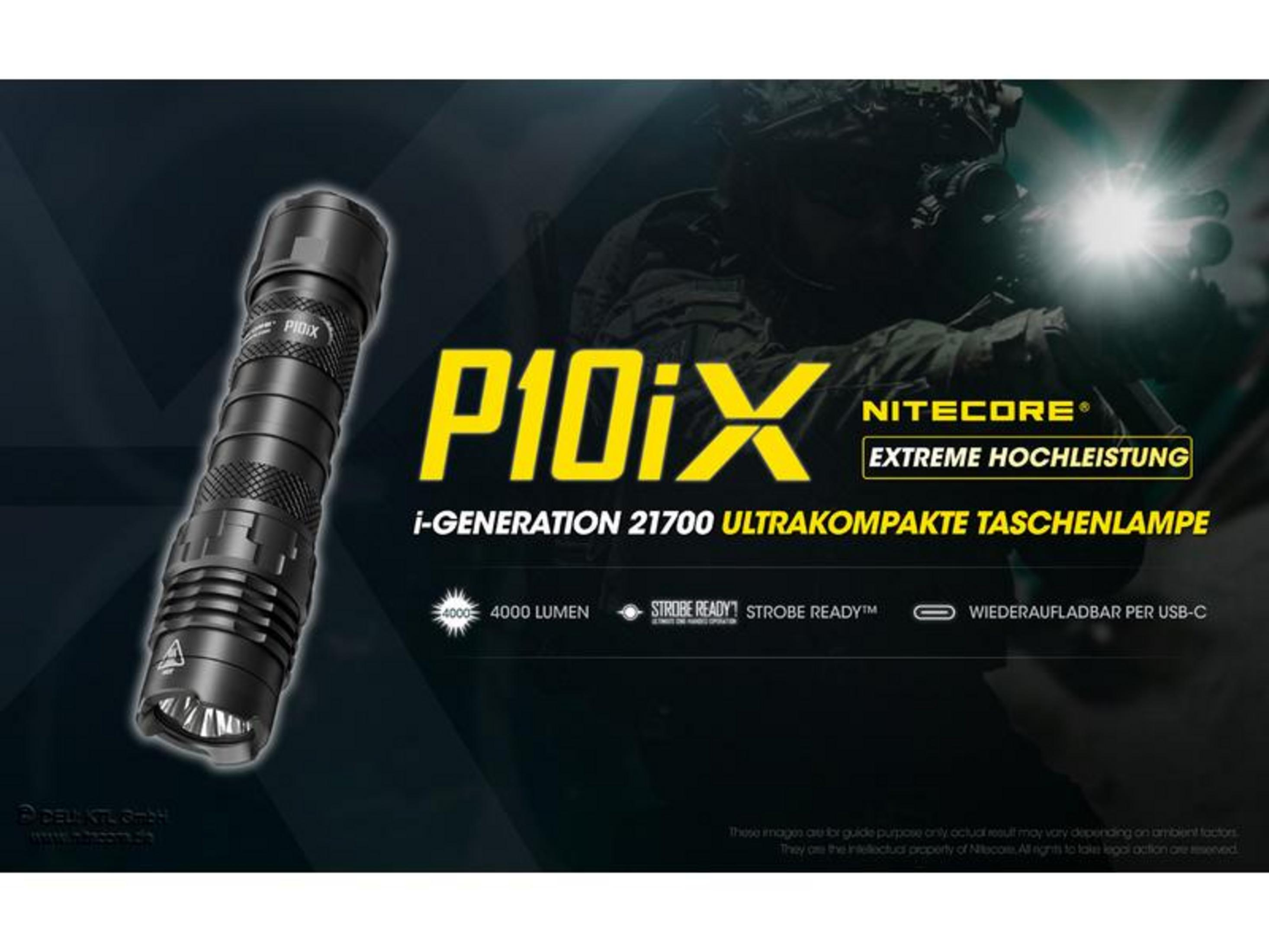 Schwarze Taschenlampe mit Nitecore P10iX Logo, 4000 Lumen, USB-C.