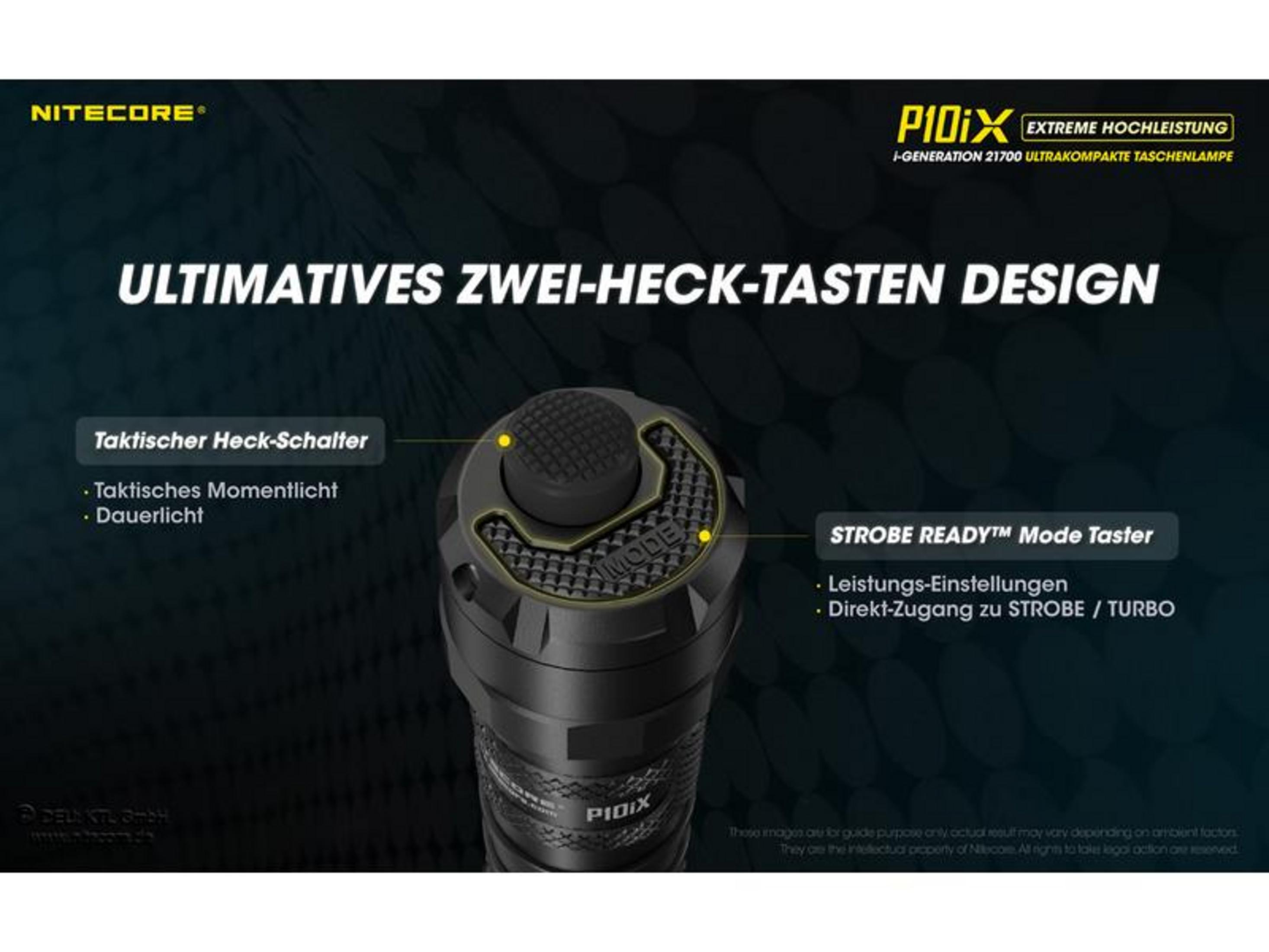 Nahaufnahme einer schwarzen Nitecore Taschenlampe mit zwei Heckschaltern für Taktiklicht und Strobe.
