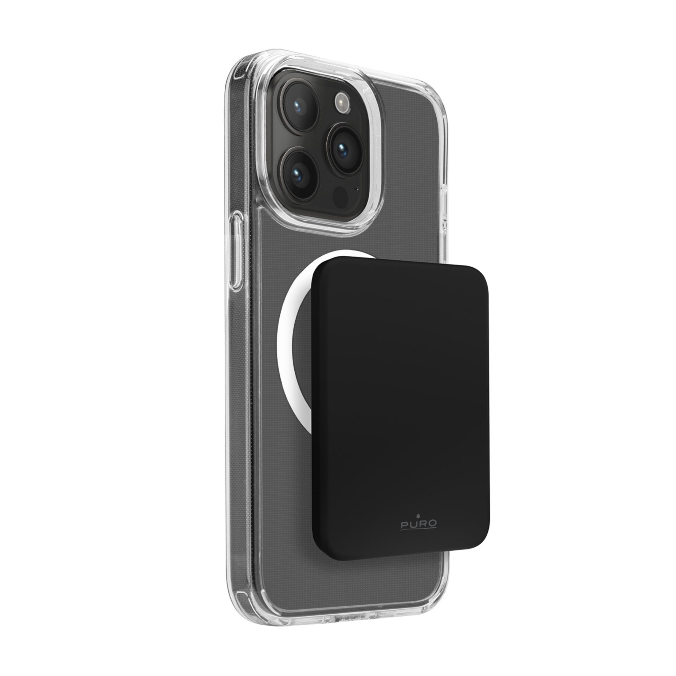 Ein schwarzer Magnetakku auf der Rückseite eines transparenten iPhone-Gehäuses.