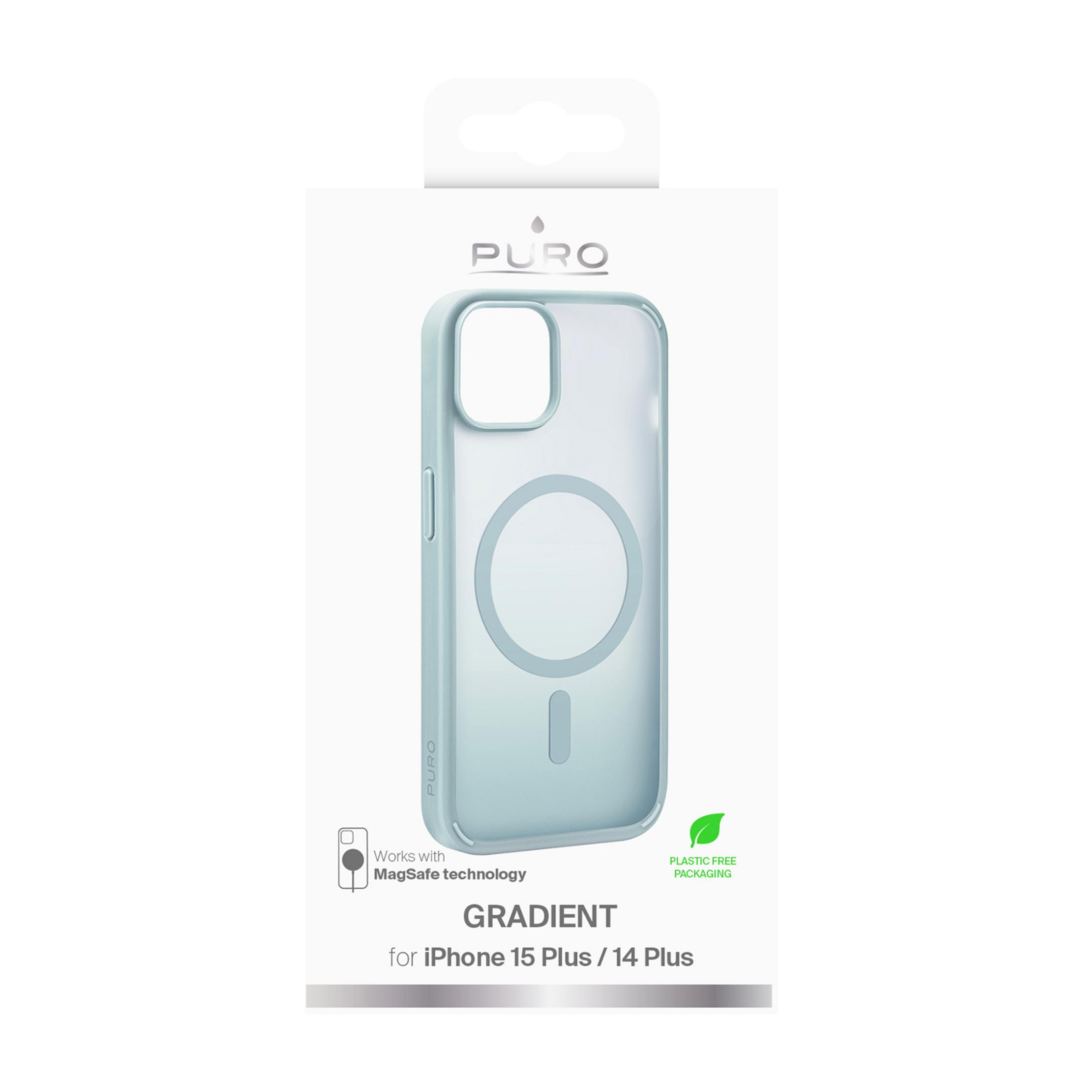 Funda Puro Gradient para iPhone 15 Plus/14 Plus, compatible con MagSafe, azul claro.