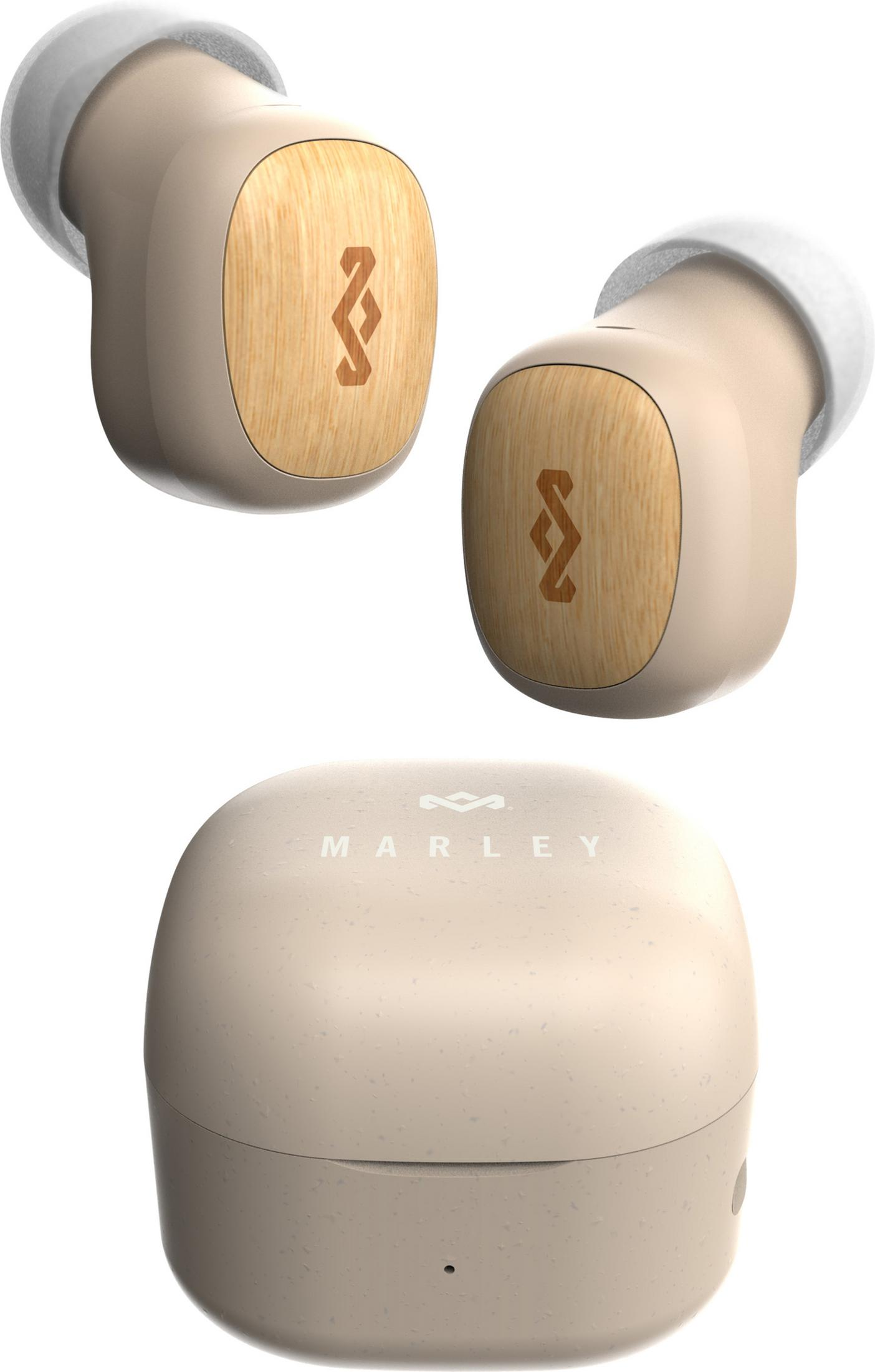 Beige kabellose Ohrhörer mit Holzdetail und Ladecase mit Marley-Logo.