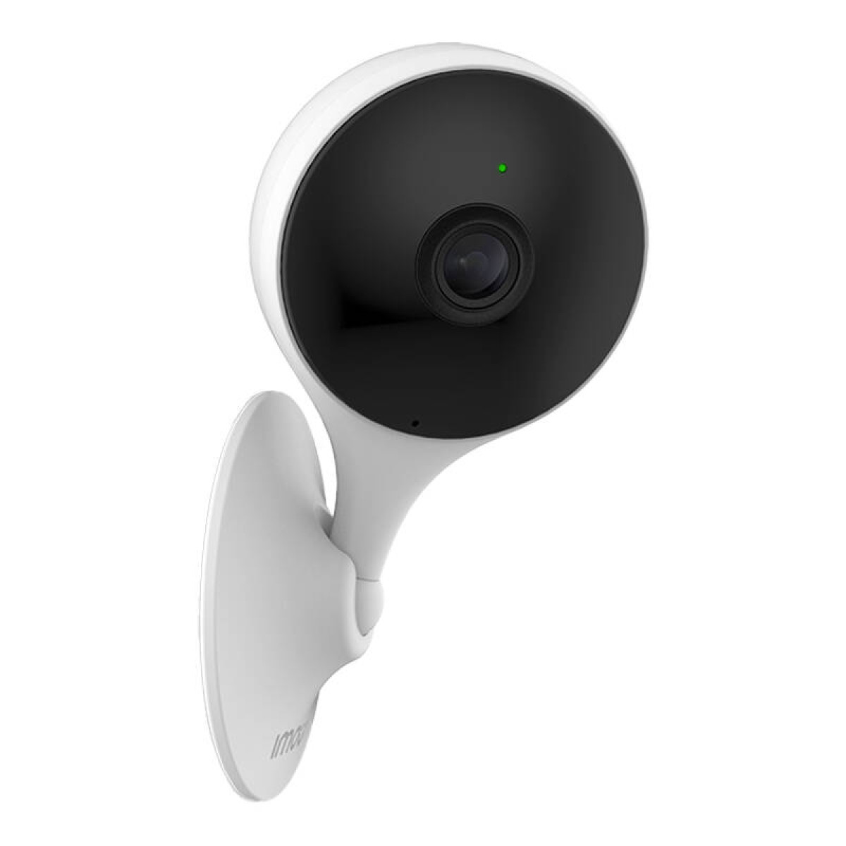 Una telecamera di sicurezza bianca con fronte nero e luce verde.
