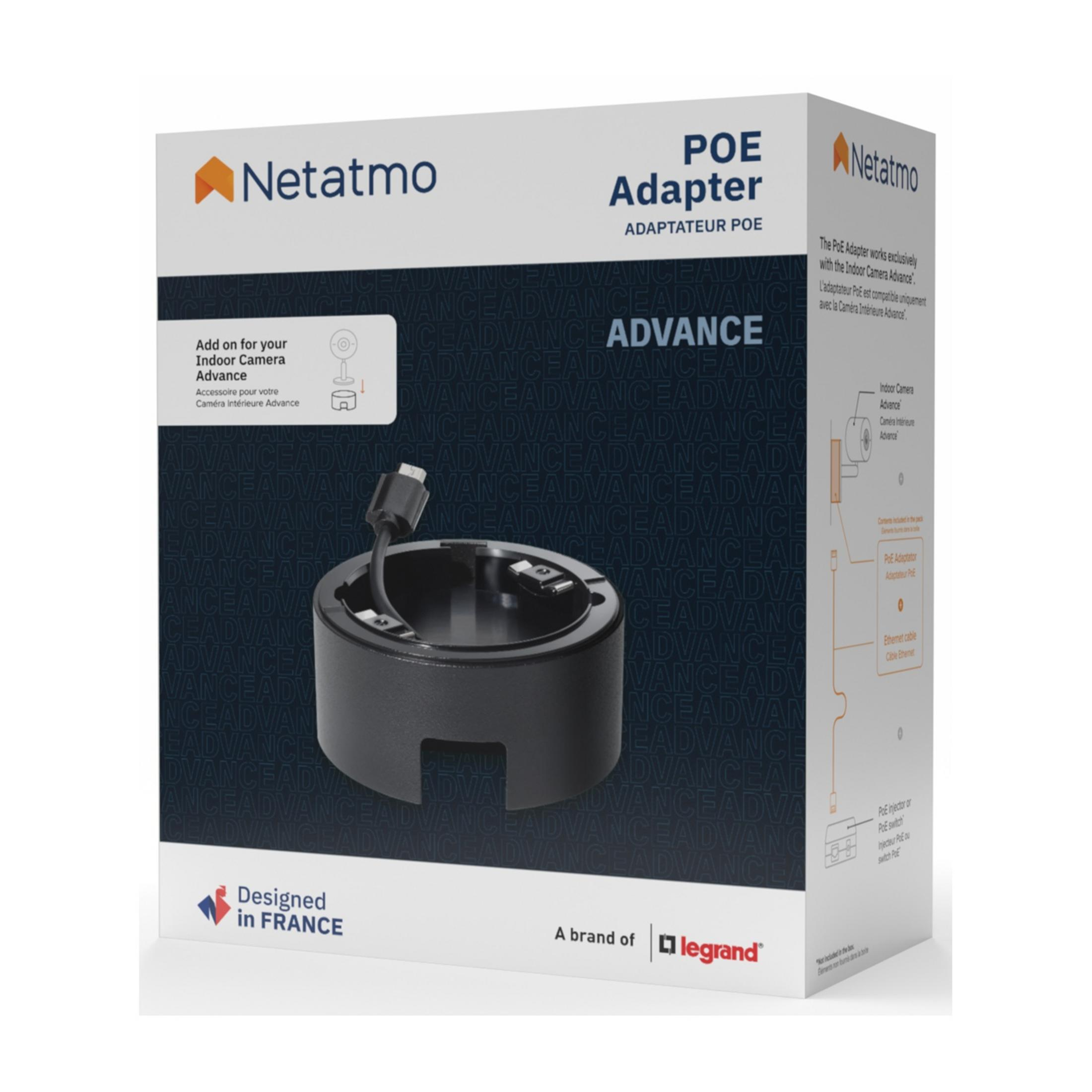 Confezione Netatmo PoE Adapter con primo piano dell'adattatore e cavo. Progettato in Francia.