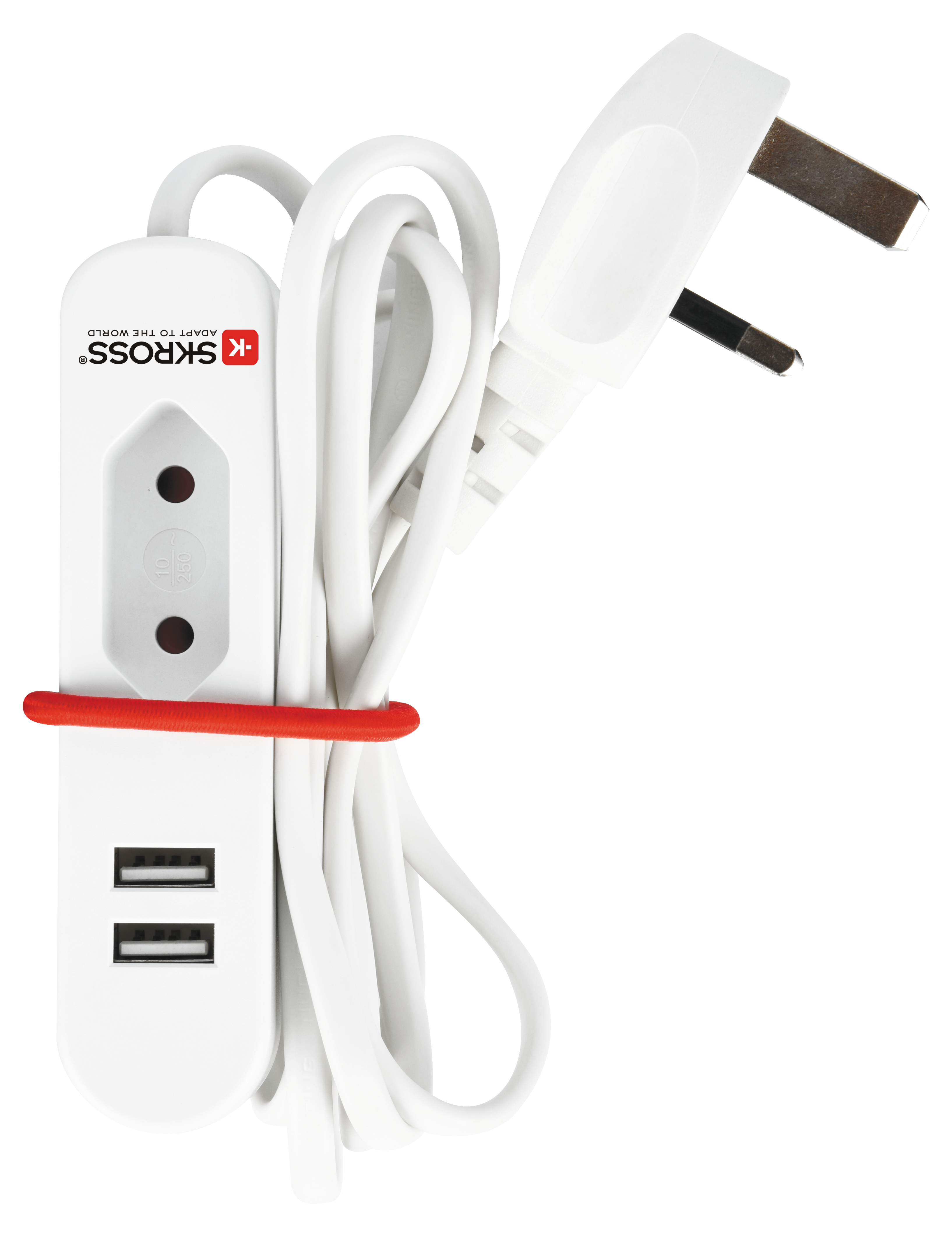 Un cavo di alimentazione bianco con spina, una presa e due porte USB.