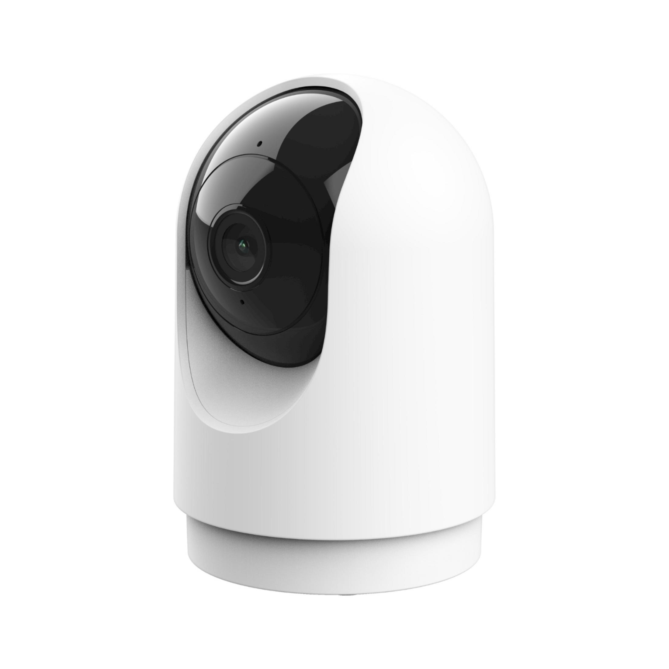 Een witte pan-tilt beveiligingscamera met zwarte lens.