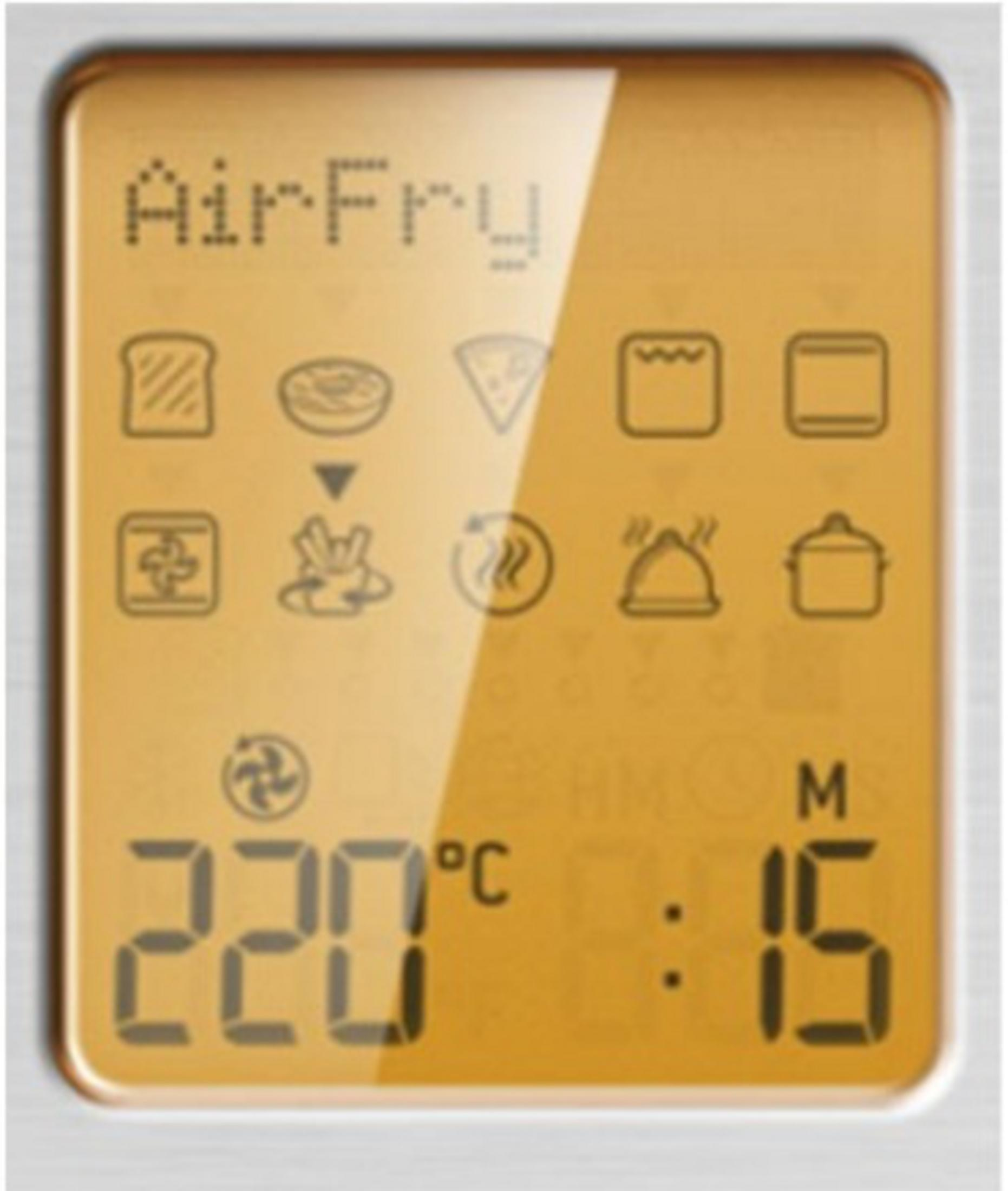 Écran AirFry : 220°C, 15 min. Icônes pour toast, frites, pizza, four.