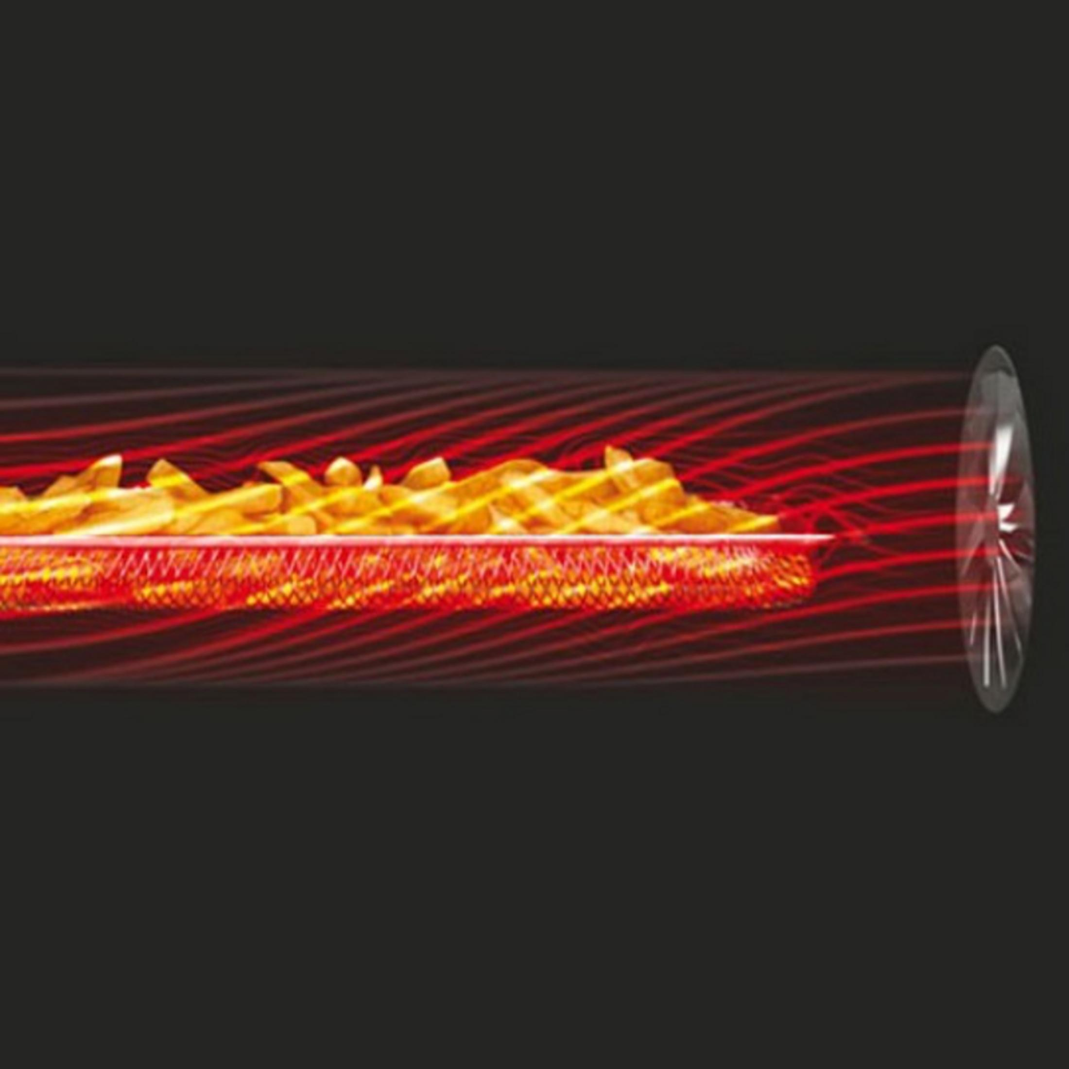 Des frites dorées sont cuites dans une friteuse à air chaud avec des ondes de chaleur rouges.