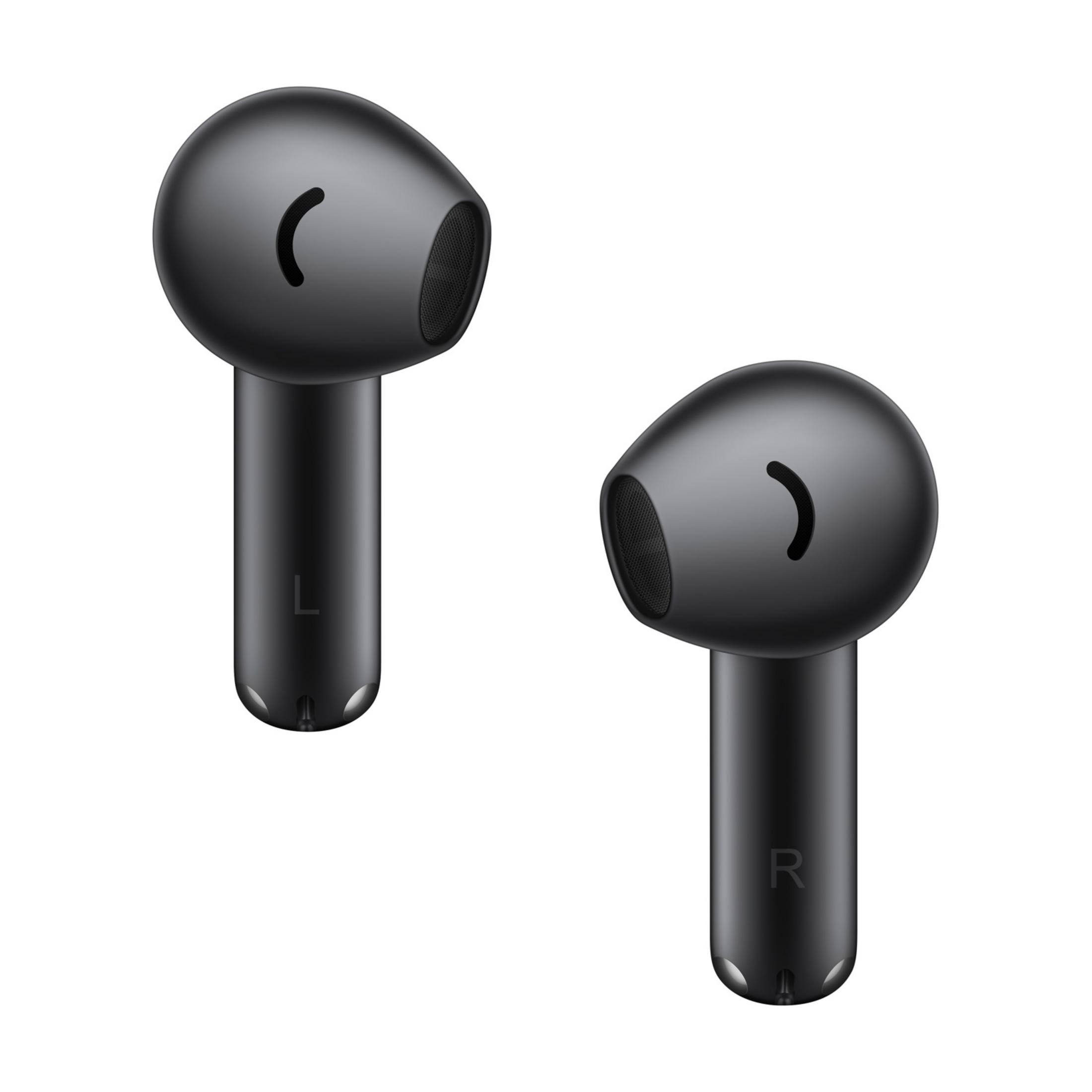 Dos auriculares inalámbricos negros, izquierdo y derecho, sobre fondo blanco.