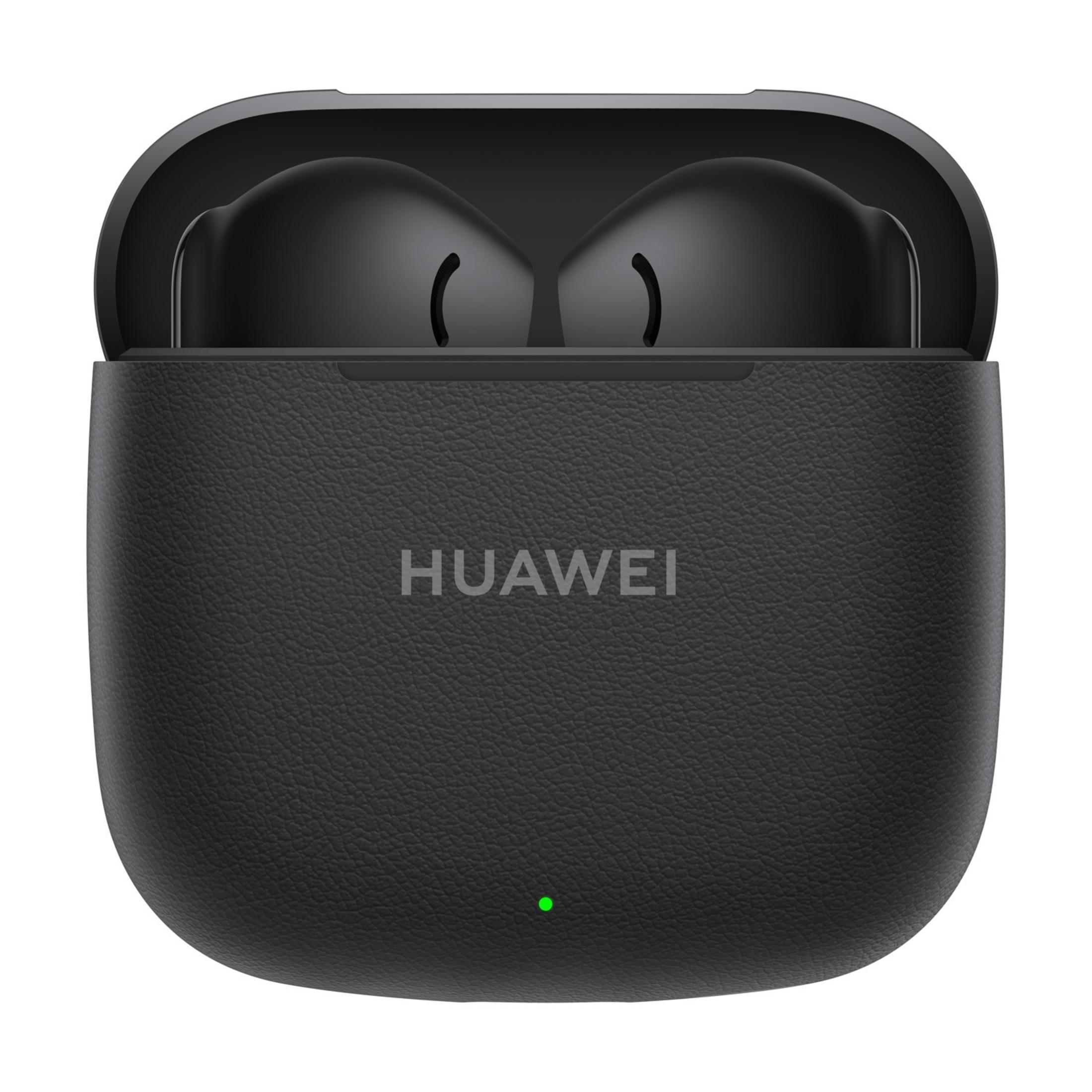 Estuche negro Huawei con auriculares y luz verde.