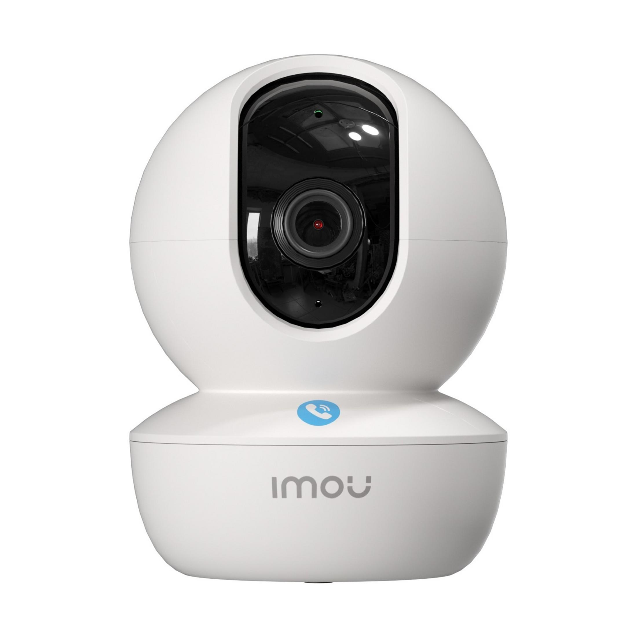 Biała kamera bezpieczeństwa z czarnym obiektywem i niebieską ikoną telefonu.