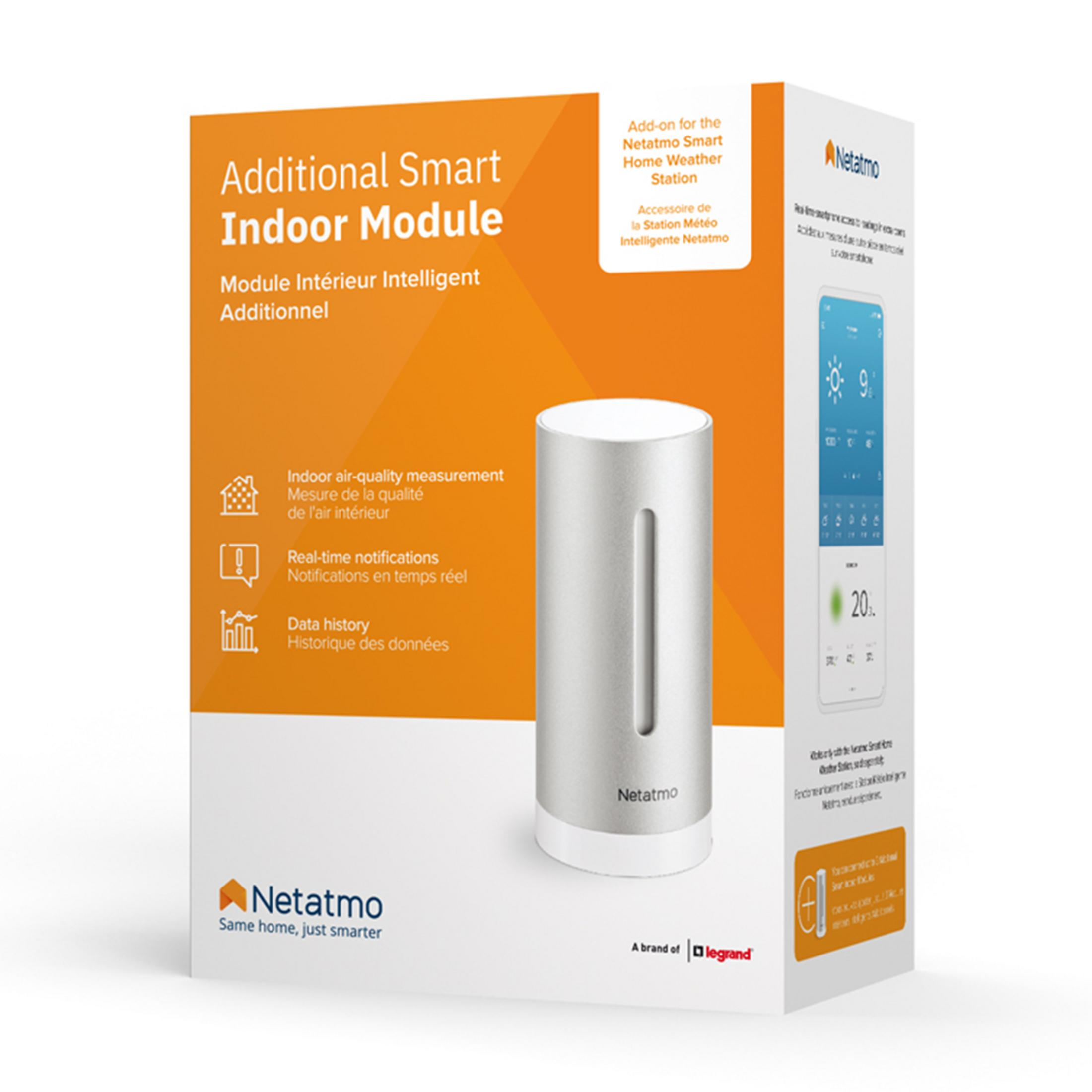 Netatmo Smart Indoor Module with sensors and app display for air quality.