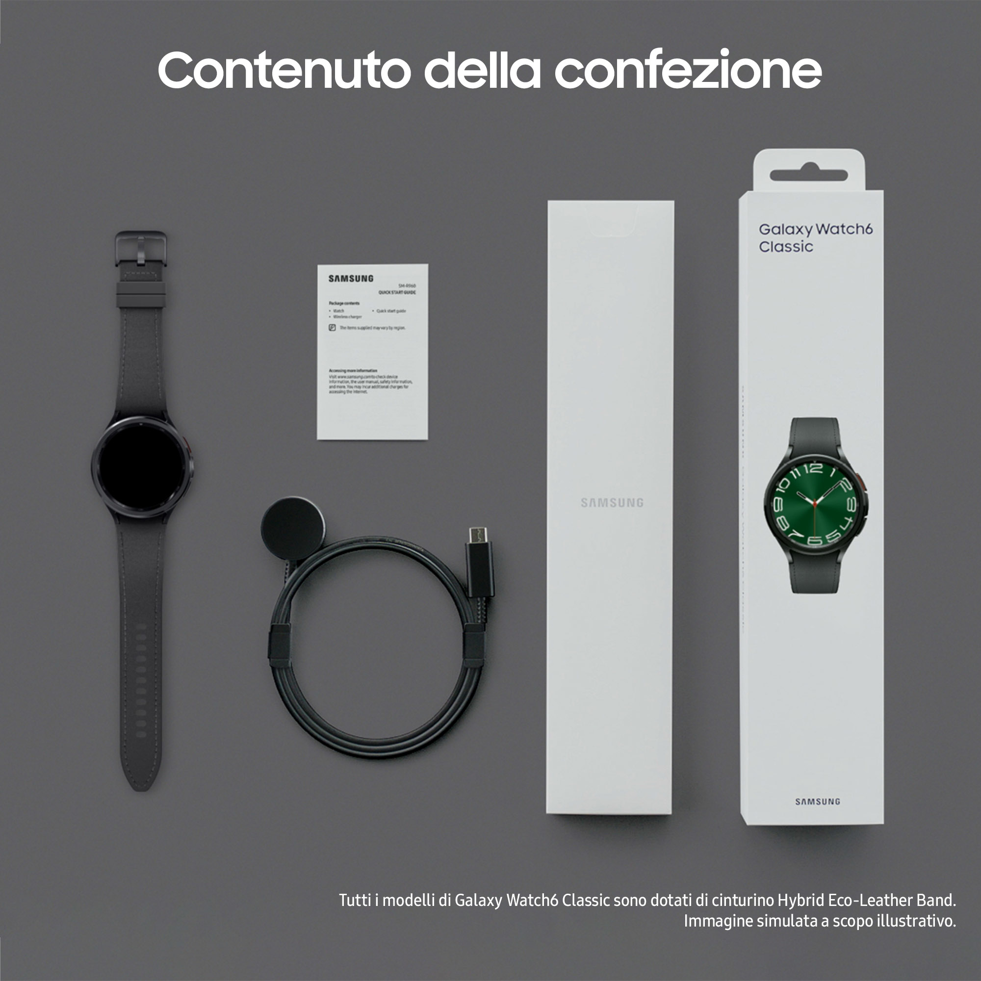 Contenuto Samsung Galaxy Watch6 Classic: orologio, caricatore, guida, confezione.