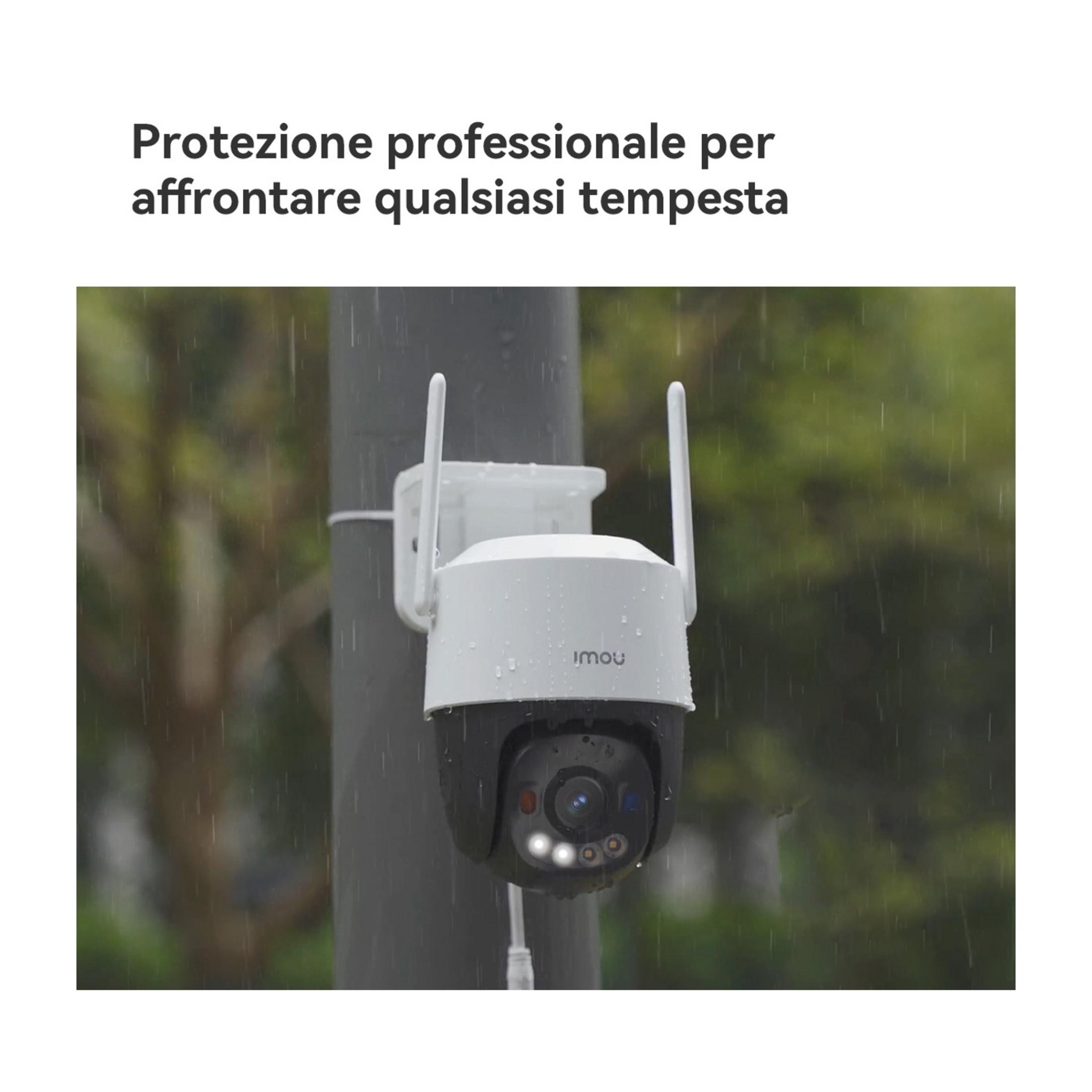 Biała kamera monitoringu z antenkami wisi na słupie w deszczu.