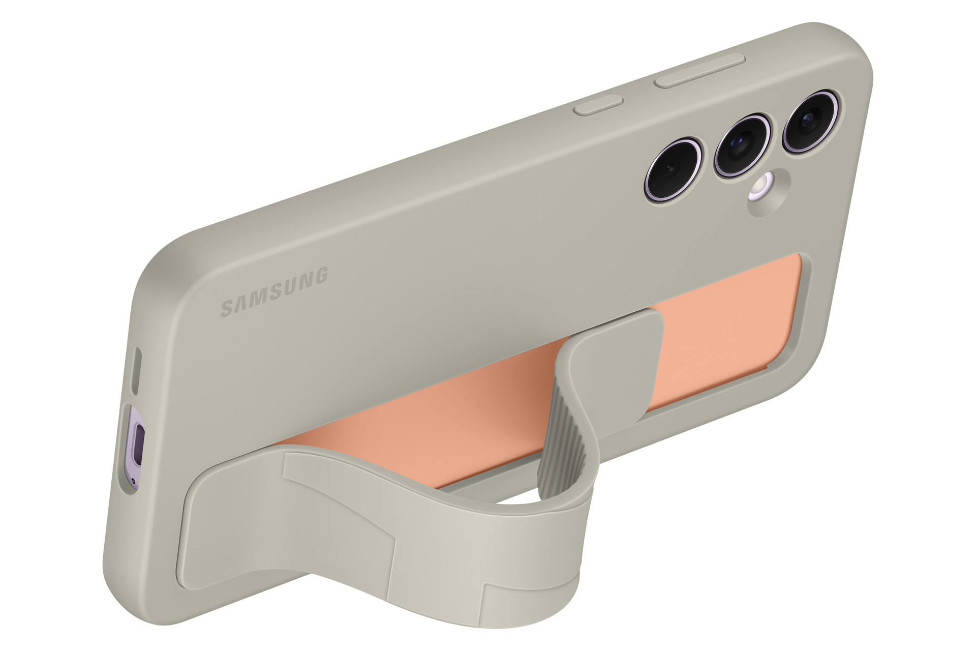 Ein graues Samsung-Handy mit einem Pfirsichfarbenen Band und einem Ständer.