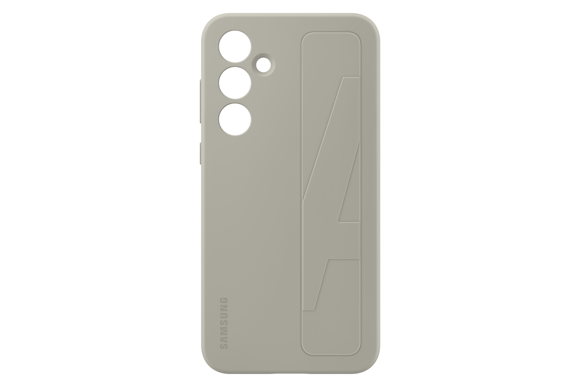 Eine graue Handyhülle mit drei Kameralöchern und dem Samsung-Logo.