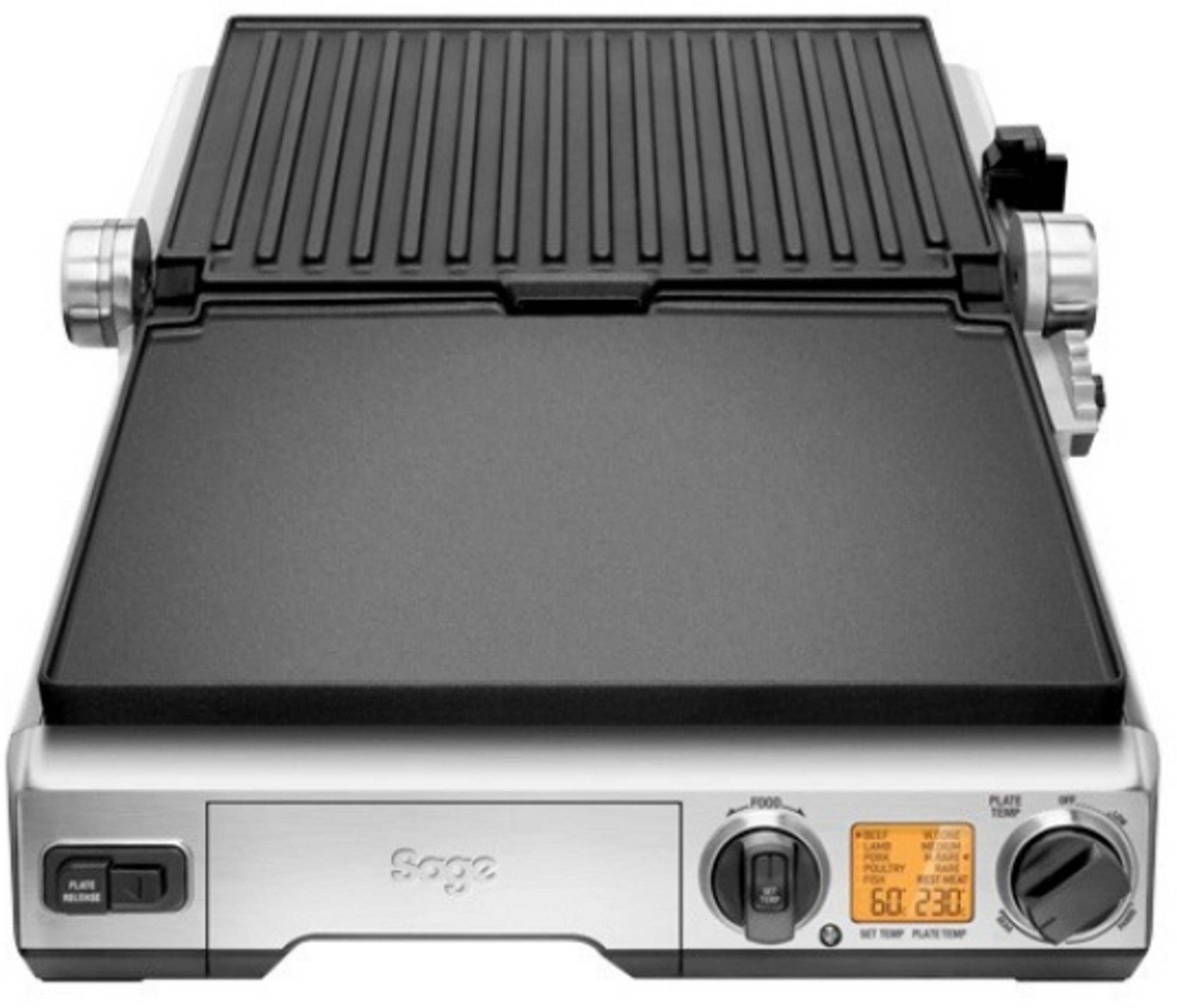 Una bistecchiera elettrica argentata con piastre rigate e lisce, display digitale e controlli.