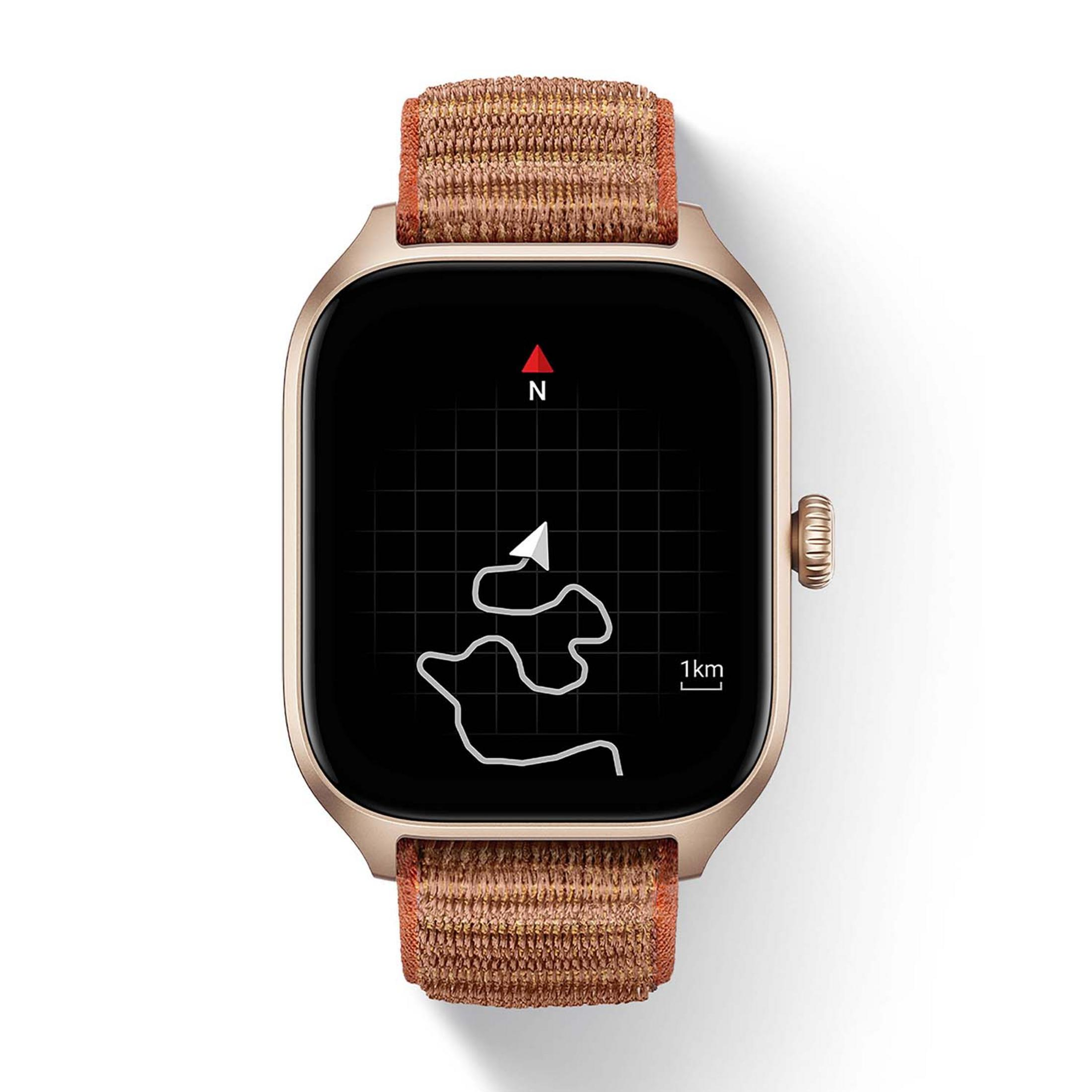 Uno smartwatch dorato mostra un percorso su una griglia con indicatore N.
