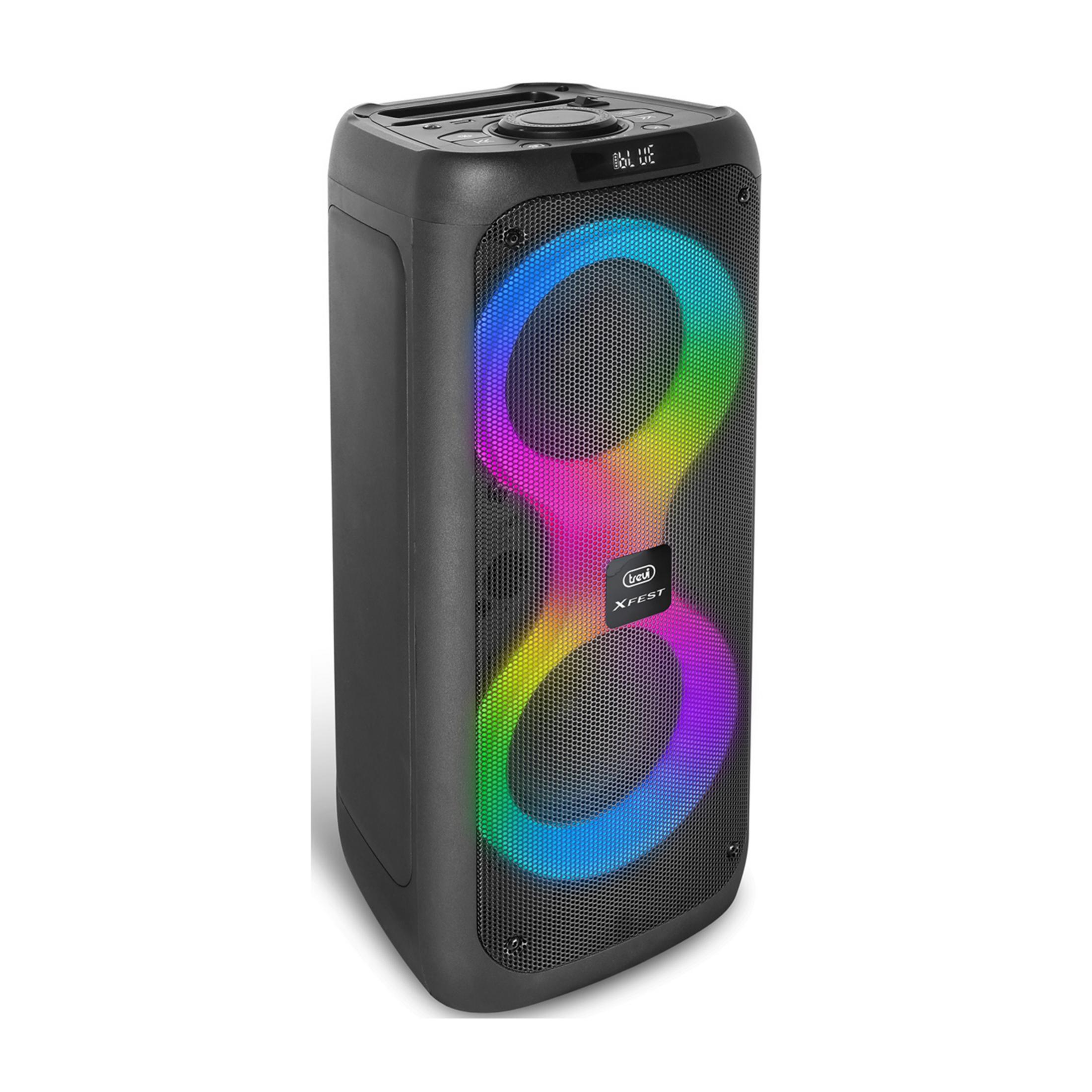 Czarny głośnik z ósemkowym, kolorowym podświetleniem LED i panelem sterowania.