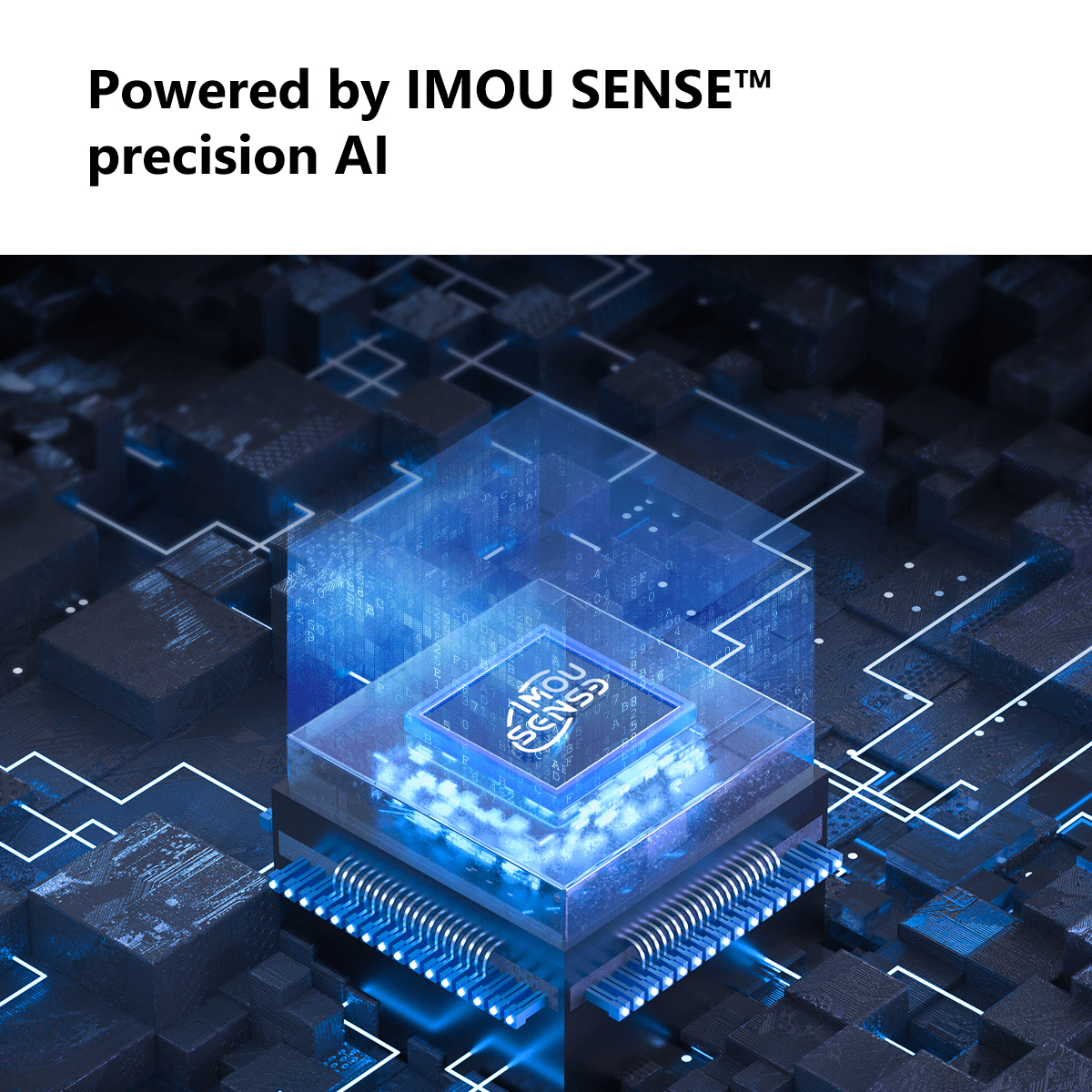 Przezroczysty chip z niebieskimi światłami i kodem, na ciemnym tle.