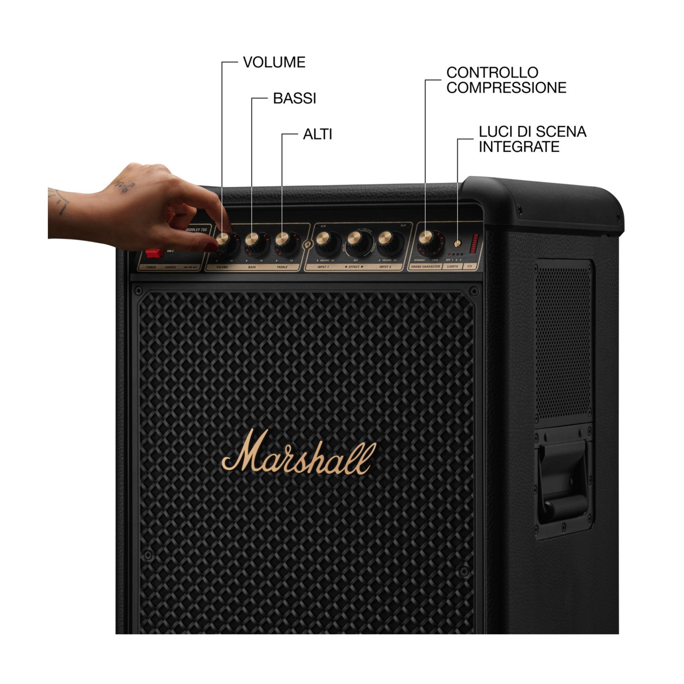 Ein Marshall-Verstärker mit Reglern und Beschriftungen wie Lautstärke, Bass, Höhen und Licht.