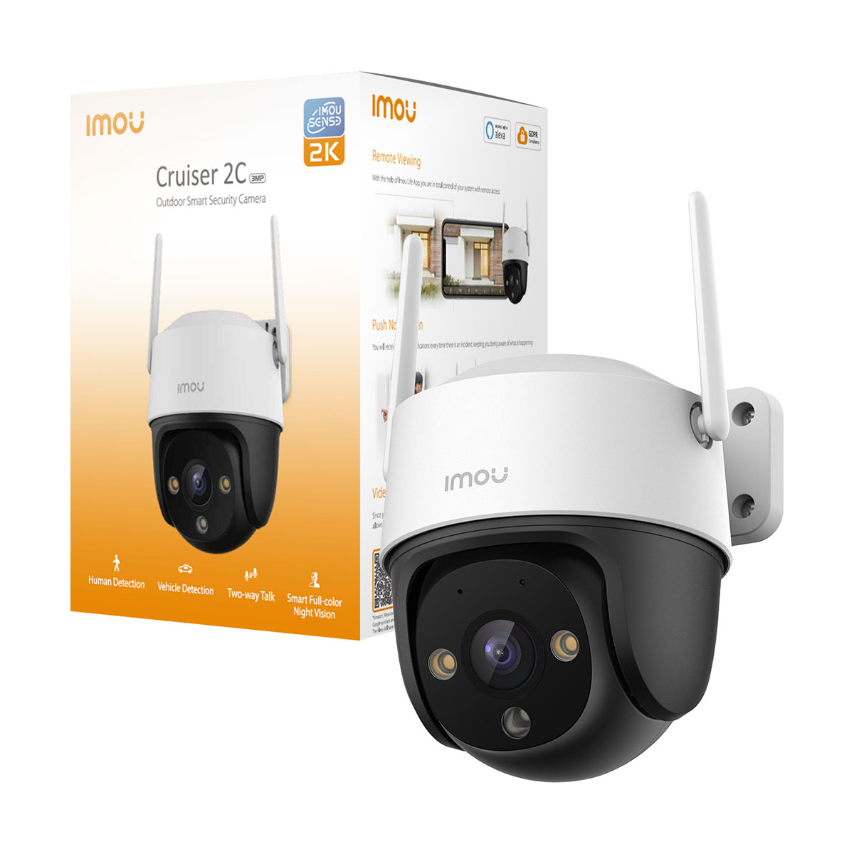 Biała i czarna kamera bezpieczeństwa Imou z dwiema antenami obok opakowania.