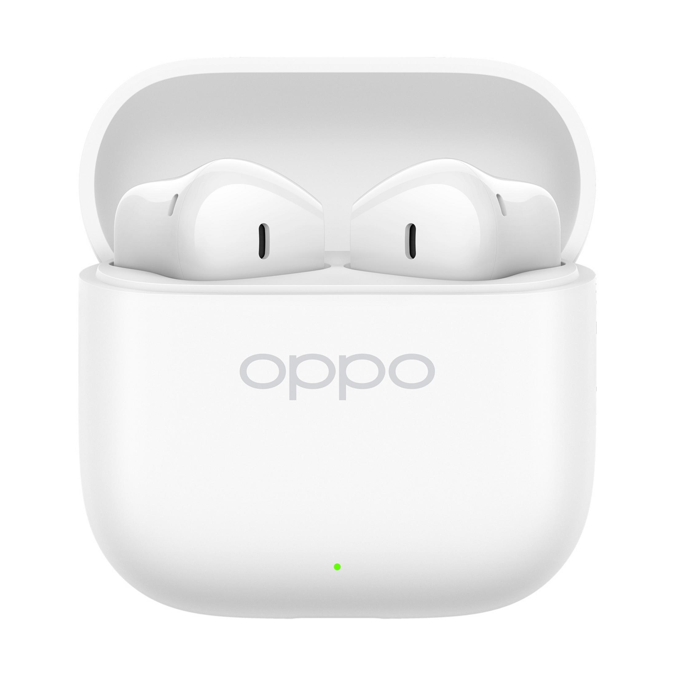 Witte OPPO oordopjes in een open oplaadcase met groen lampje.