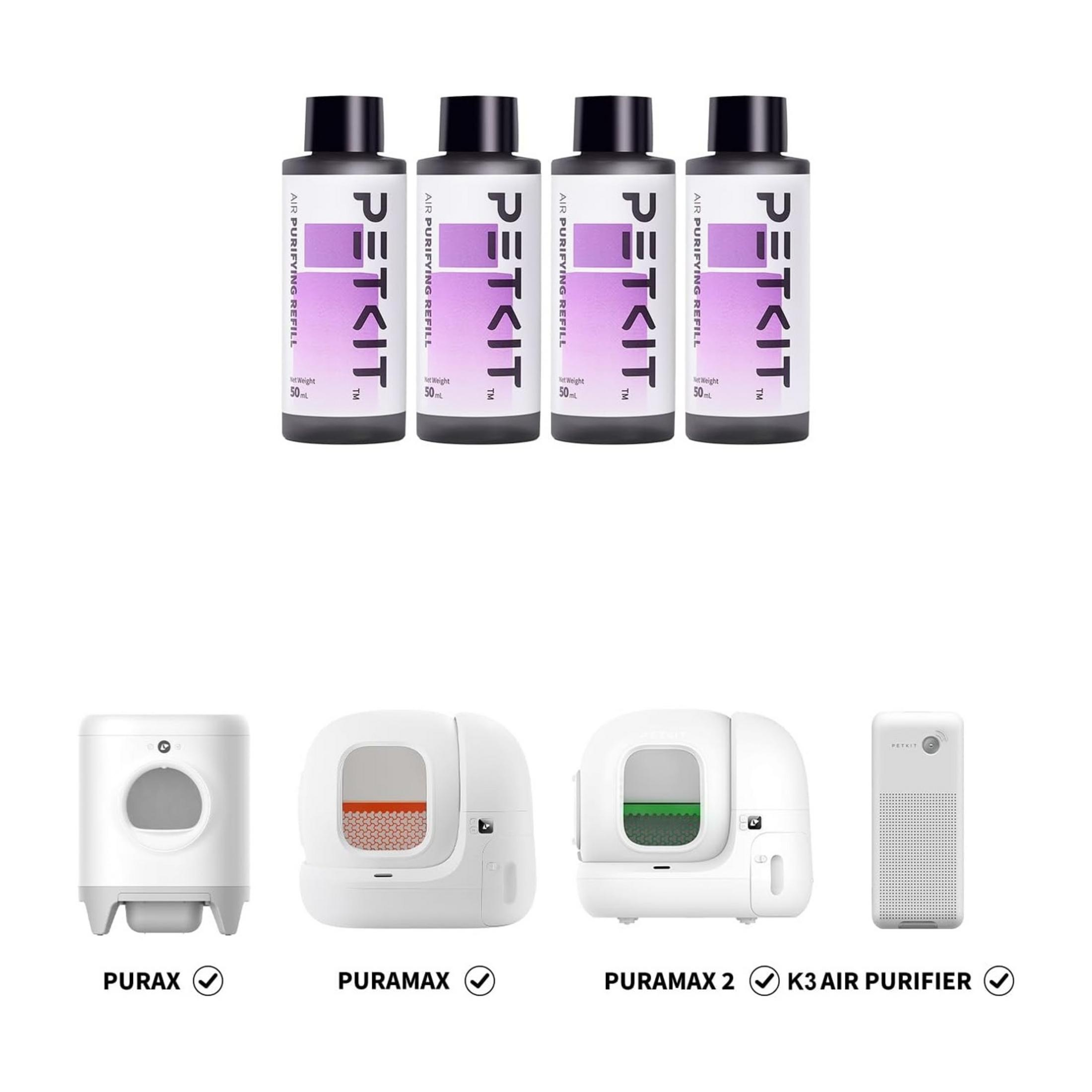Vier PETKIT Luftreiniger-Nachfüllungen und vier Haustierprodukte.