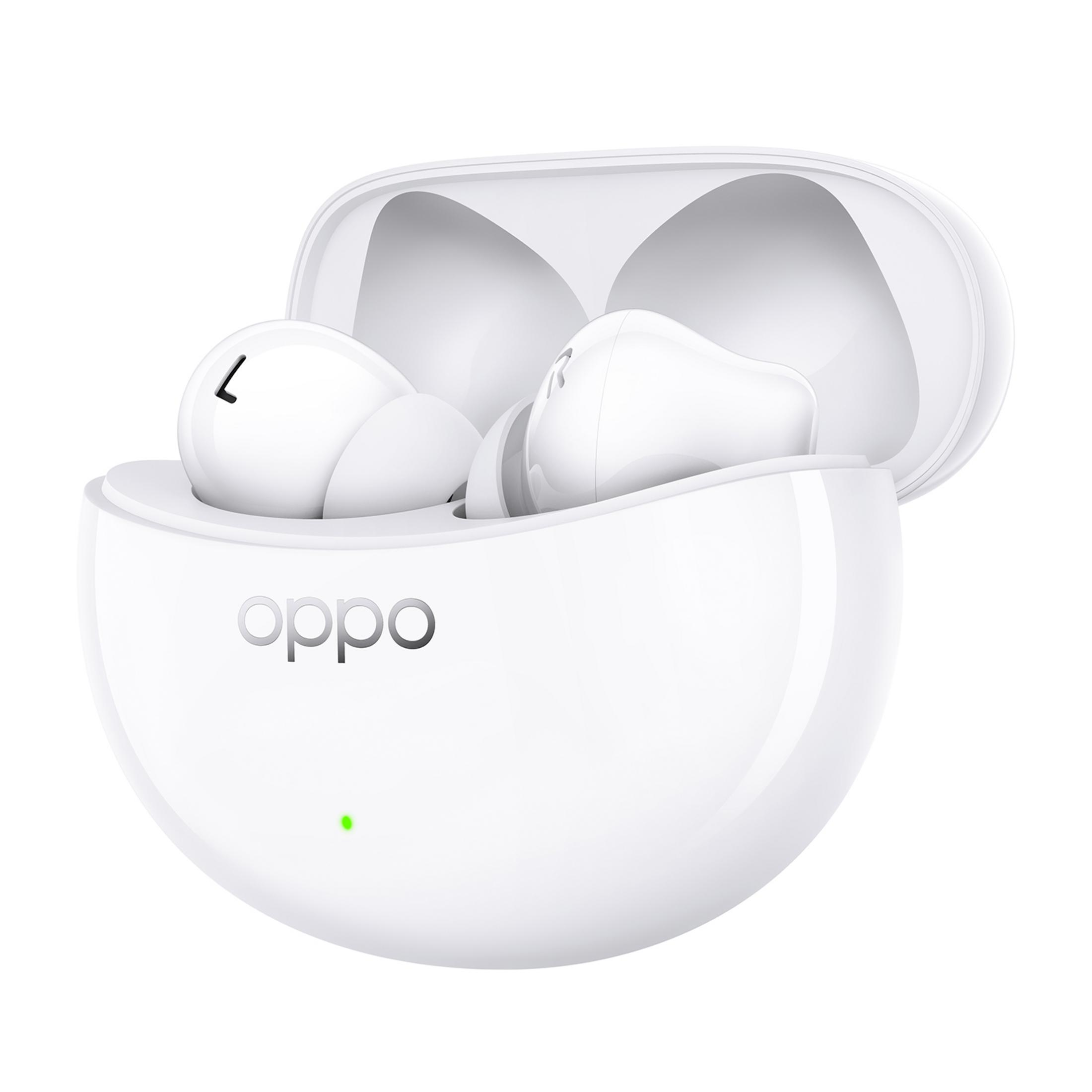 Weiße OPPO-Ohrhörer in einem offenen, weißen Ladecase mit grünem Licht.