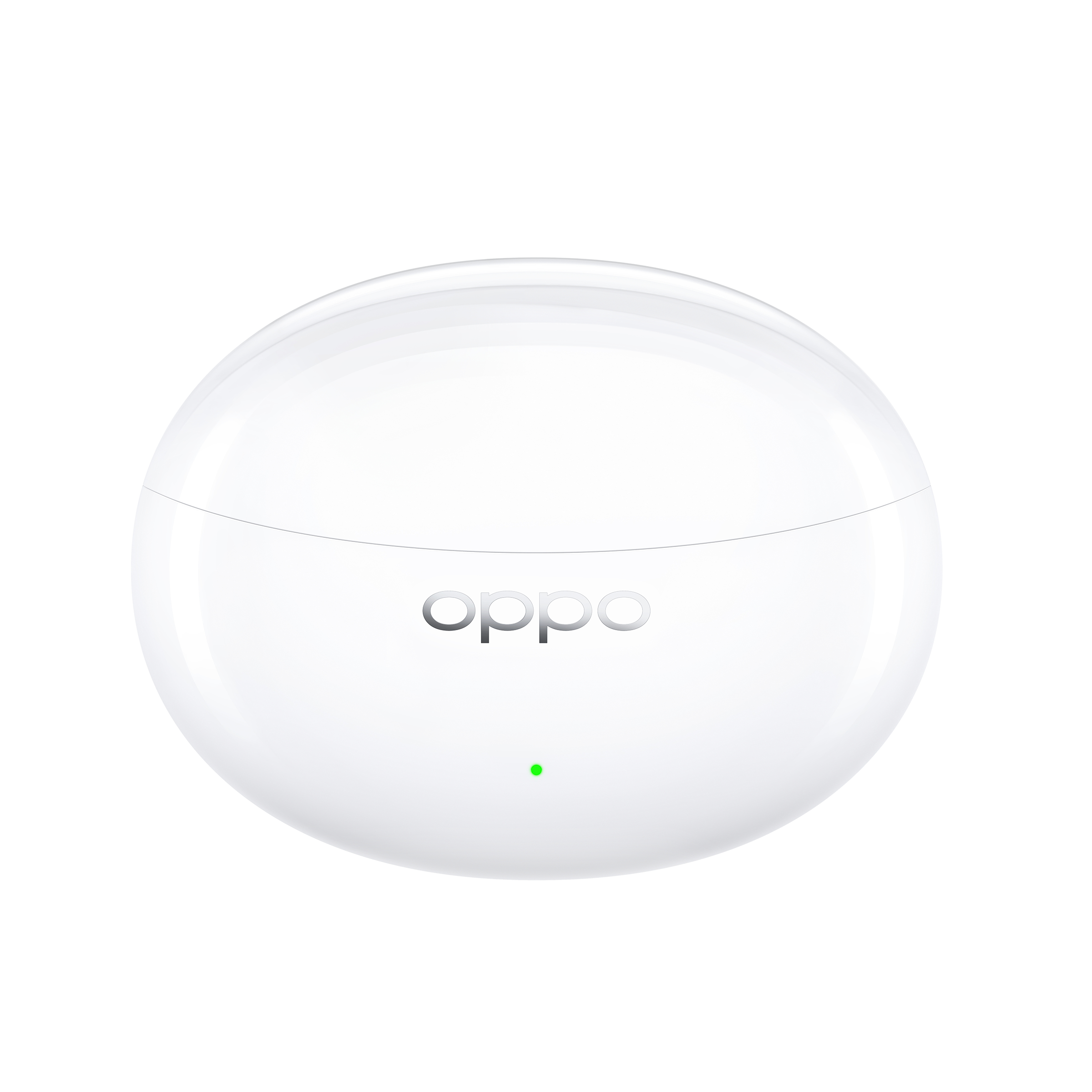 Weiße Oppo-Ladebox mit grünem Licht, auf weißem Hintergrund.