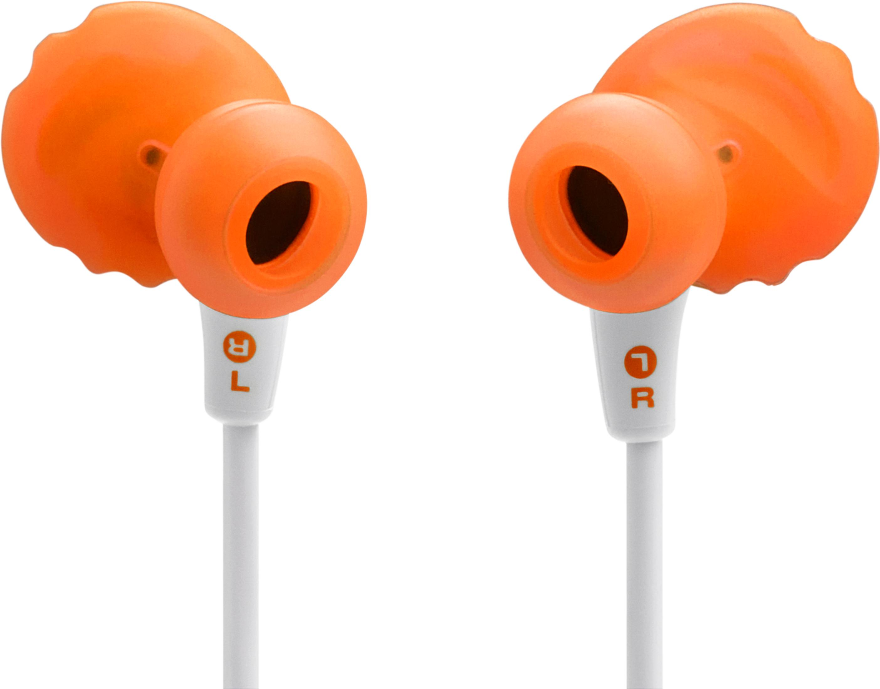 Zwei orangefarbene In-Ear-Kopfhörer mit weißen Kabeln und L/R-Markierungen.