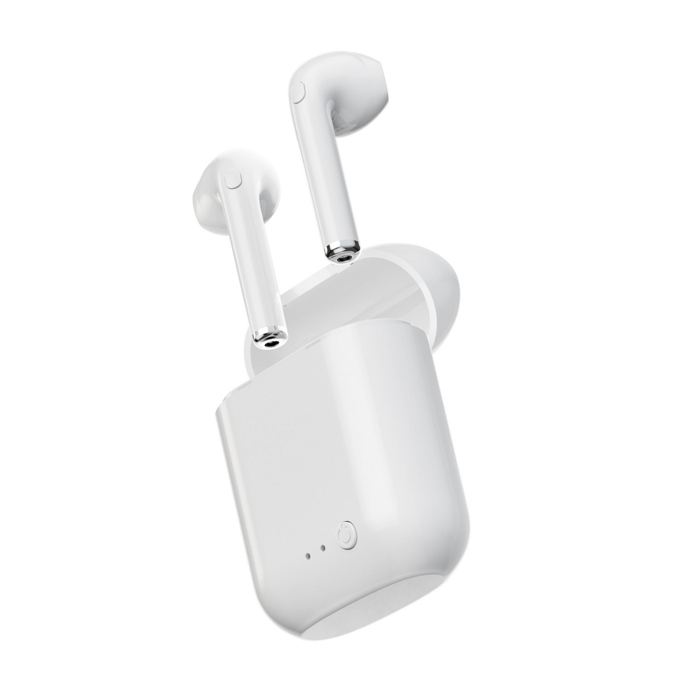 Auricolari wireless bianchi con custodia di ricarica, su sfondo bianco.
