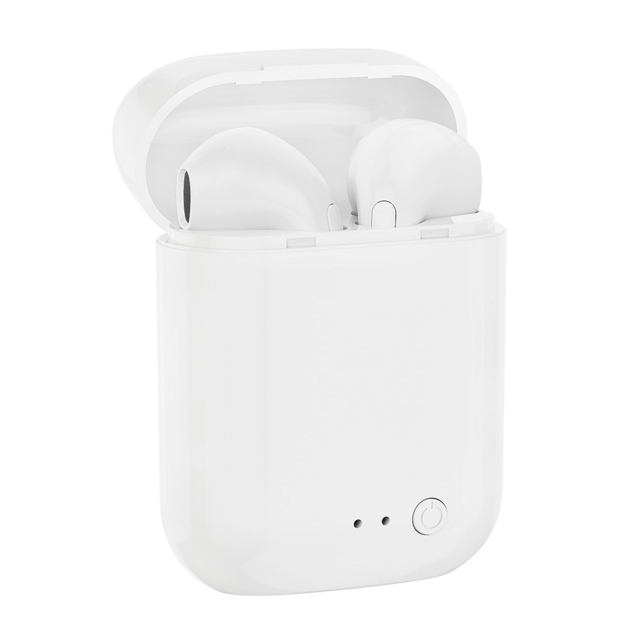 Auricolari wireless bianchi in una custodia di ricarica aperta con luci.