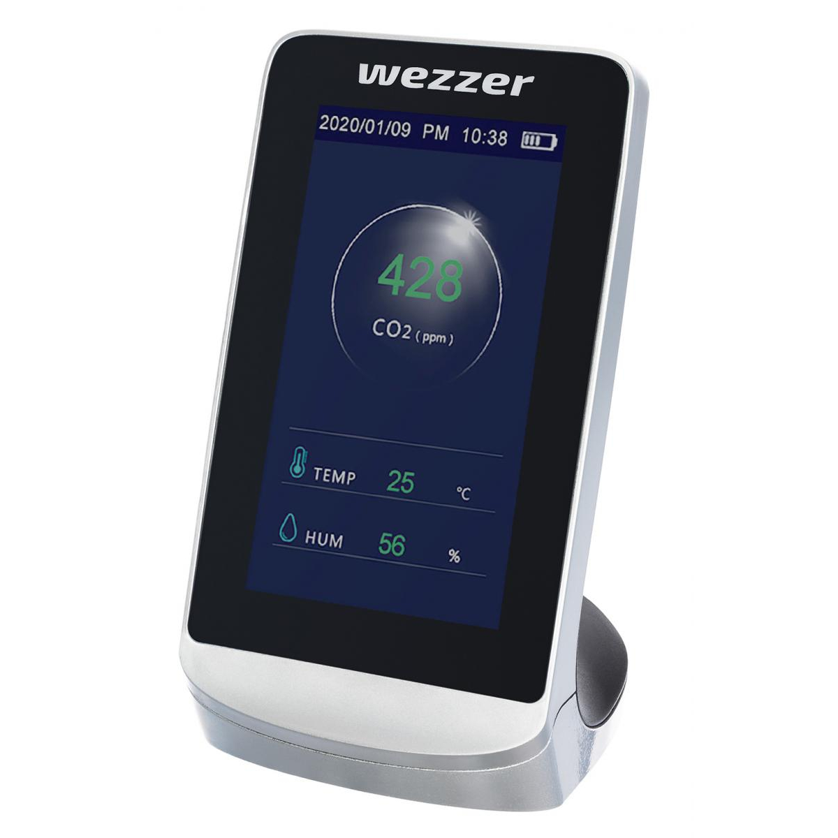 Un monitor CO2 Wezzer mostra 428 ppm di CO2, 25°C di temperatura e 56% di umidità.