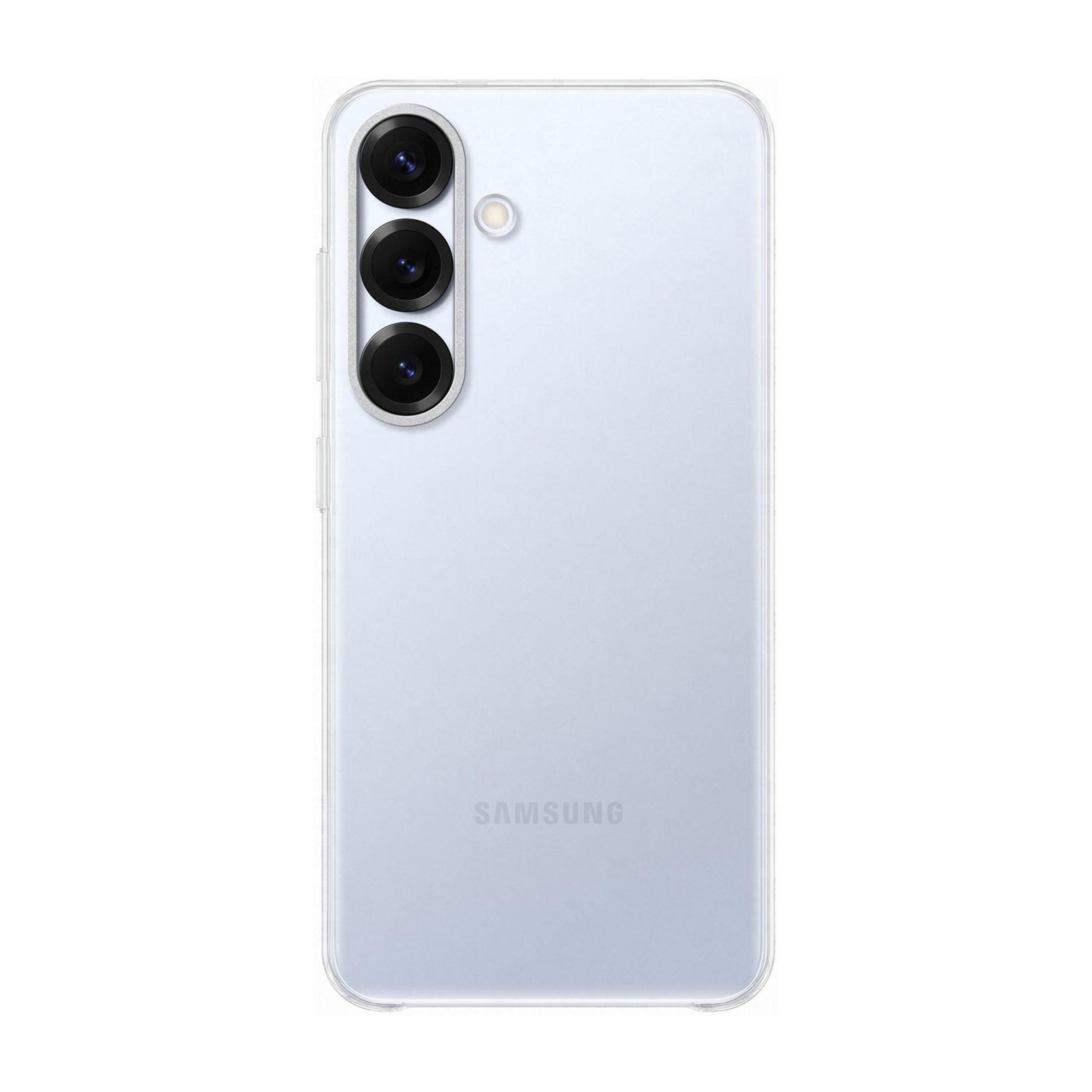 Un smartphone gris clair avec trois caméras et flash, logo Samsung.