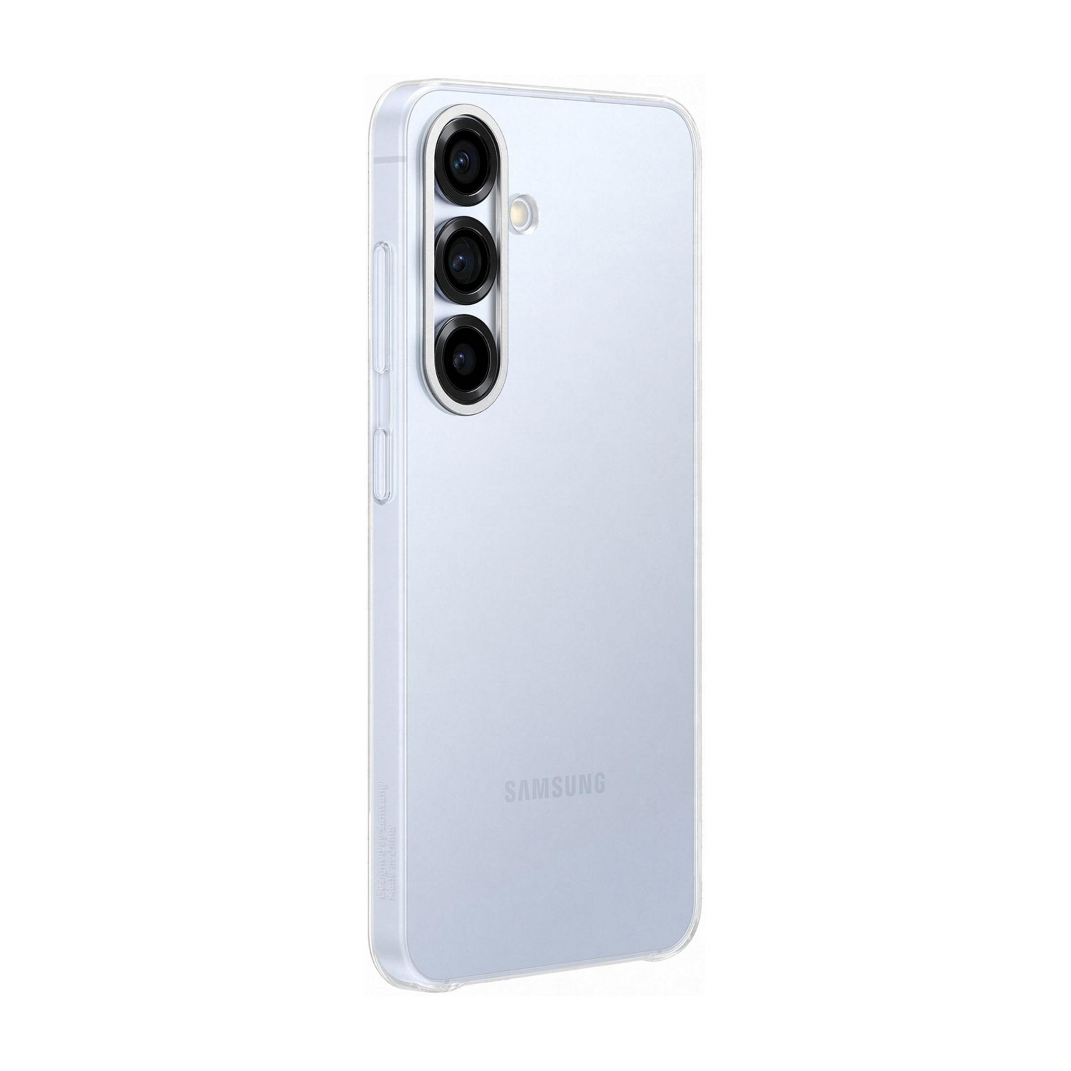 Un téléphone Samsung élégant et transparent avec trois caméras au dos.