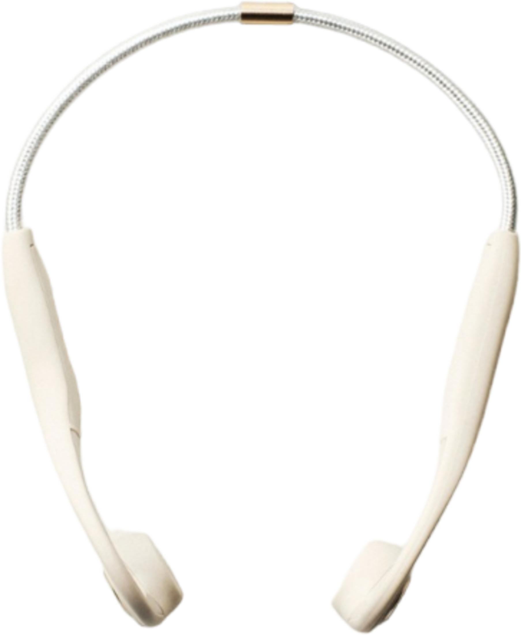 Cuffie beige con fascia flessibile argentata e connettore centrale dorato.