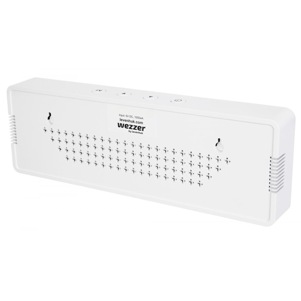 Dispositivo Wezzer bianco con fessure di ventilazione e informazioni di ricarica.