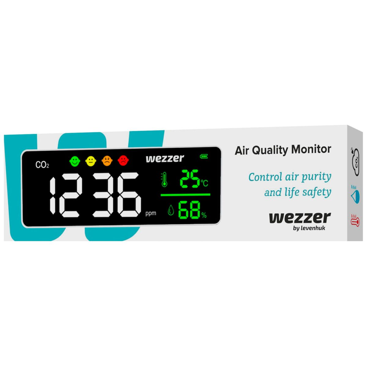 Monitor qualità aria Wezzer mostra CO2, temperatura e umidità.