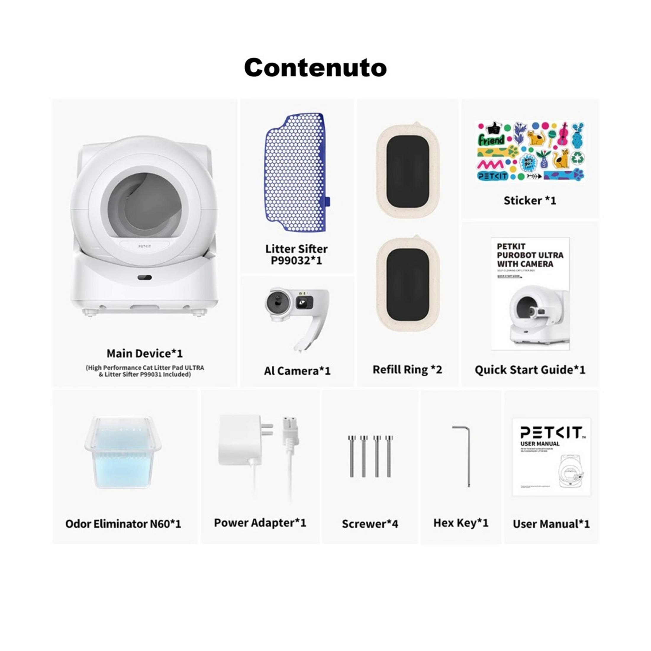 Accesorios PETKIT Purobot Ultra: dispositivo principal, tamiz, cámara, anillos, pegatinas, manual.