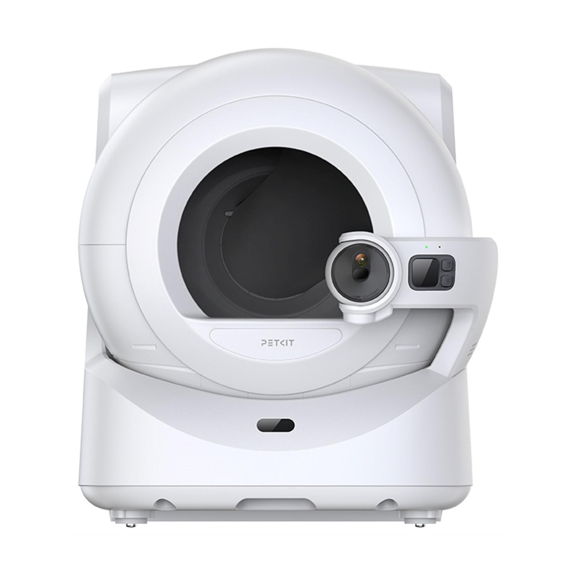 Una caja de arena automática blanca para gatos con cámara y botones.