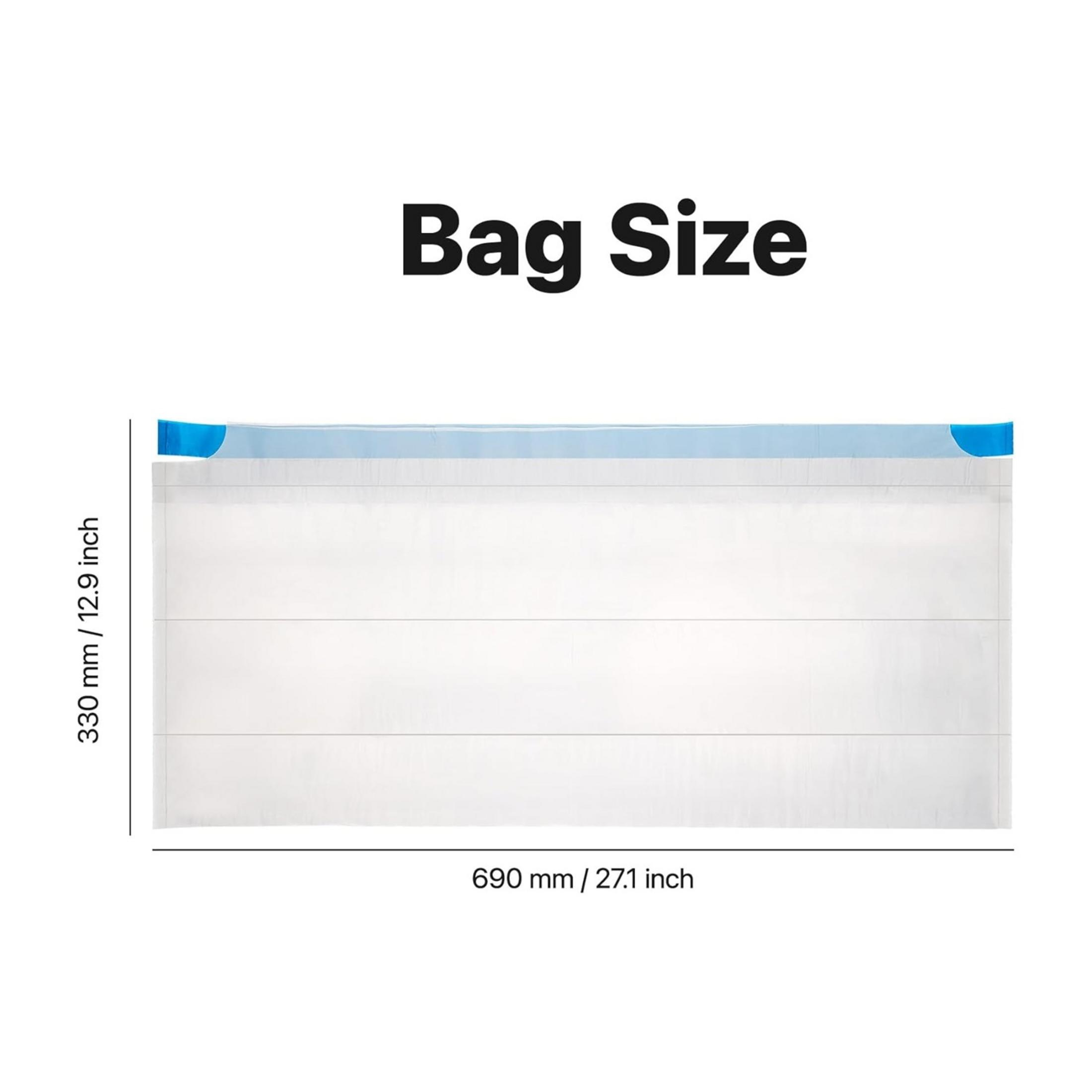 Mavi aksanlı beyaz çanta, boyutları 330x690mm.