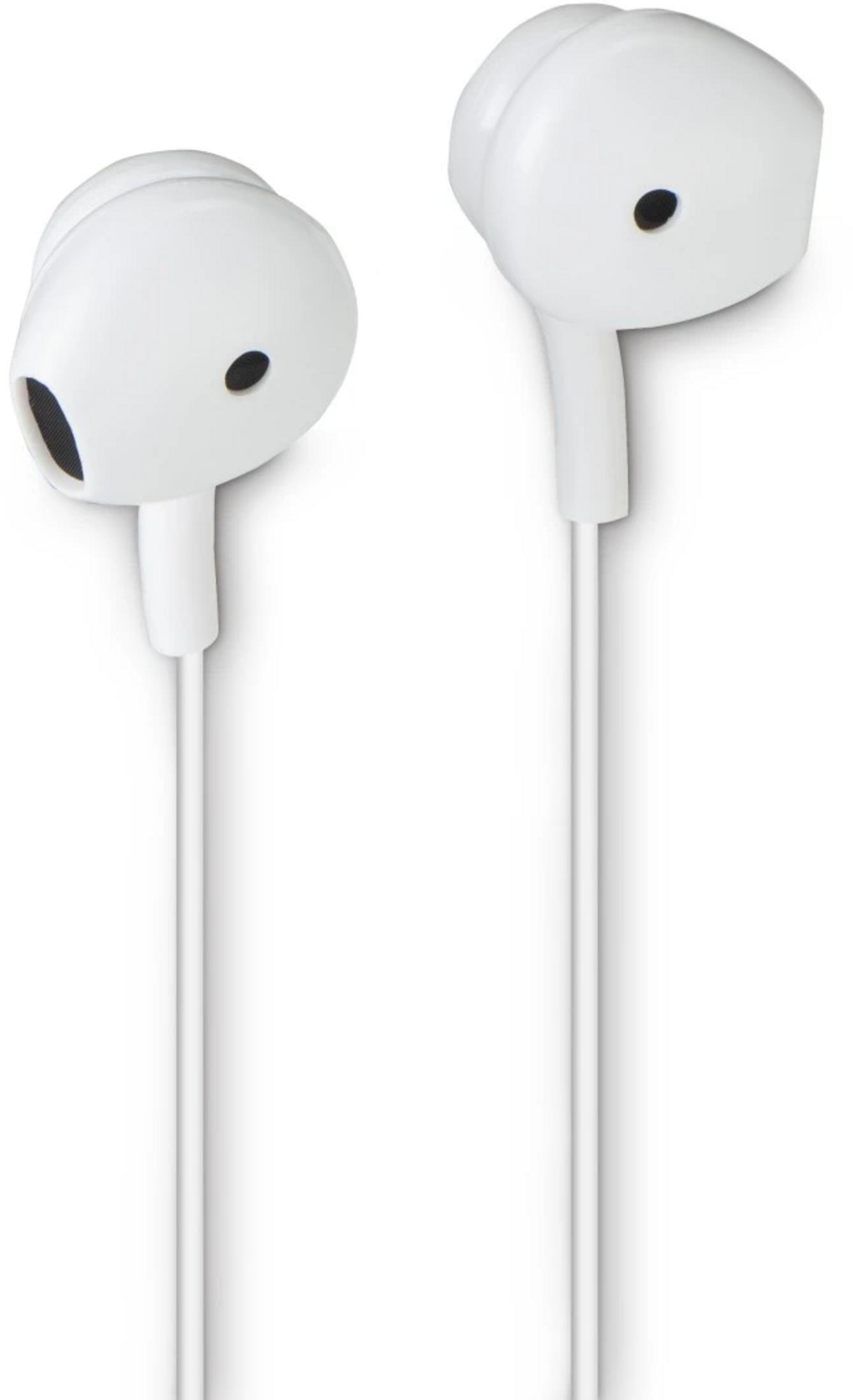 Dos auriculares blancos intrauditivos con cables sobre fondo blanco.
