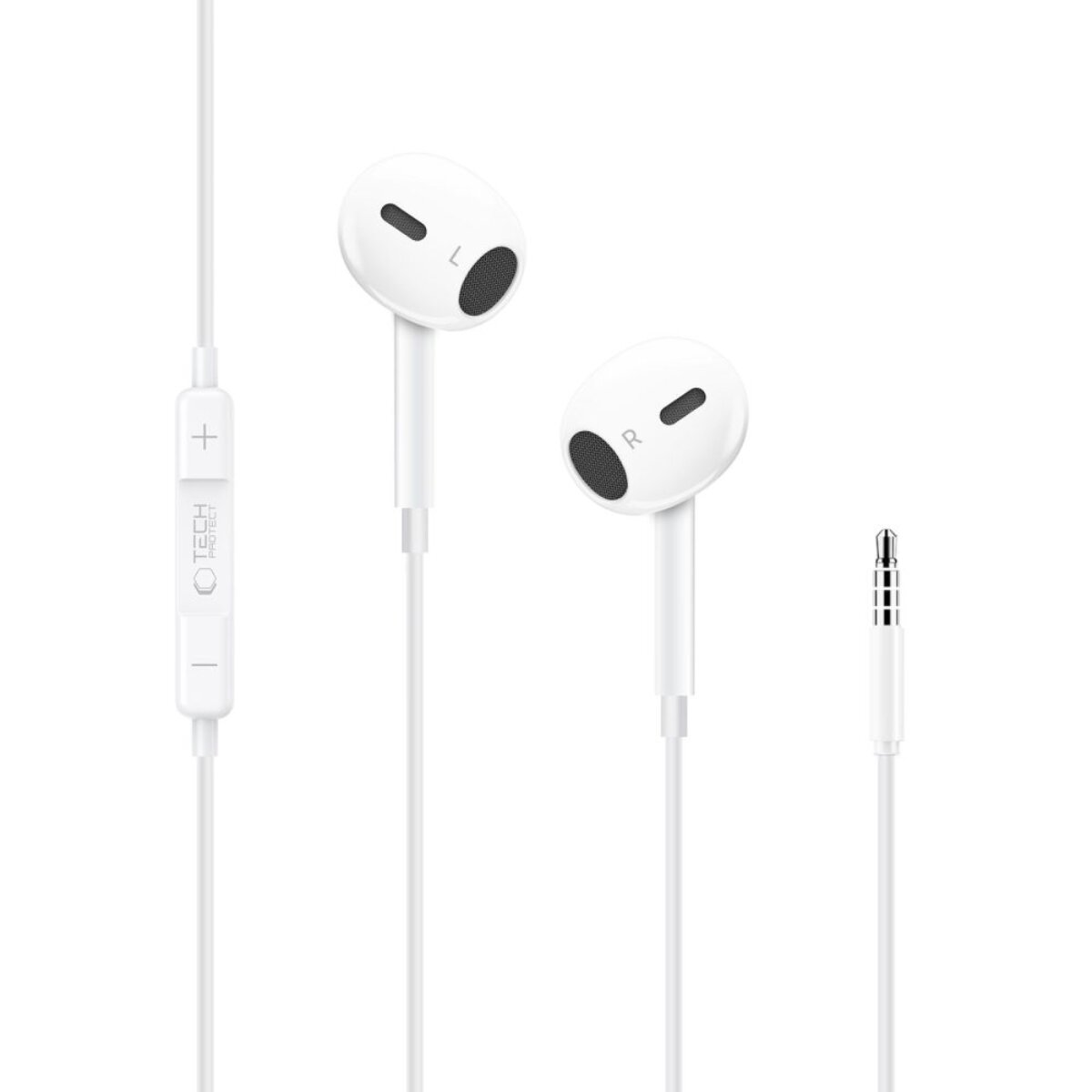 Weiße Ohrhörer mit Kabel, Lautstärketasten und 3,5-mm-Stecker.