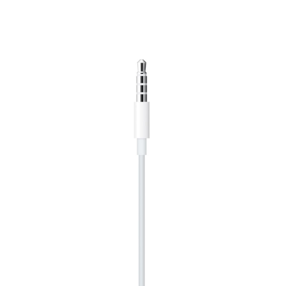 Ein weißes Kabel mit einem silbernen 3,5-mm-Stecker, der auf weißem Hintergrund zu sehen ist.