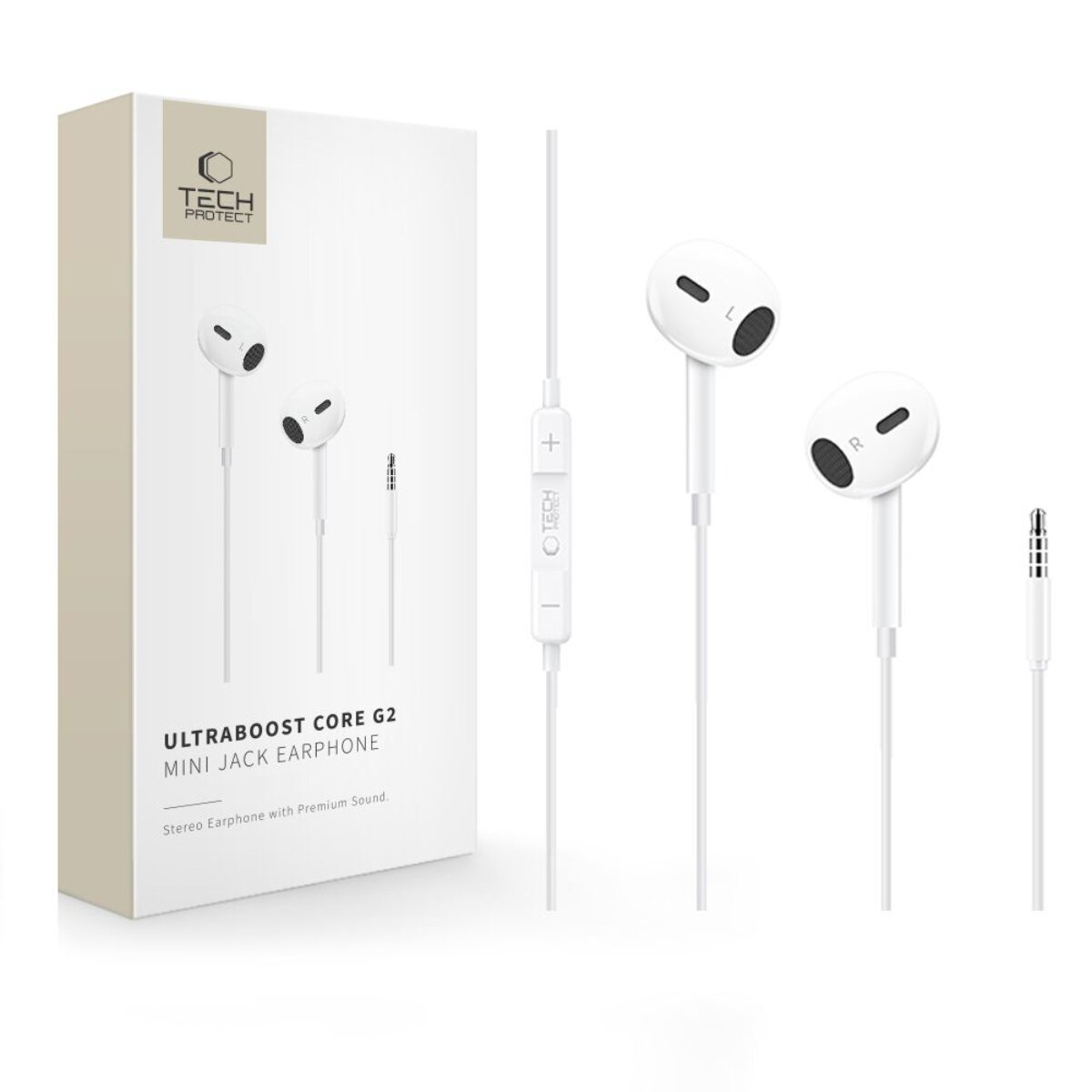 Weiße Kopfhörer mit Kabel und Fernbedienung, neben einer Verpackung.