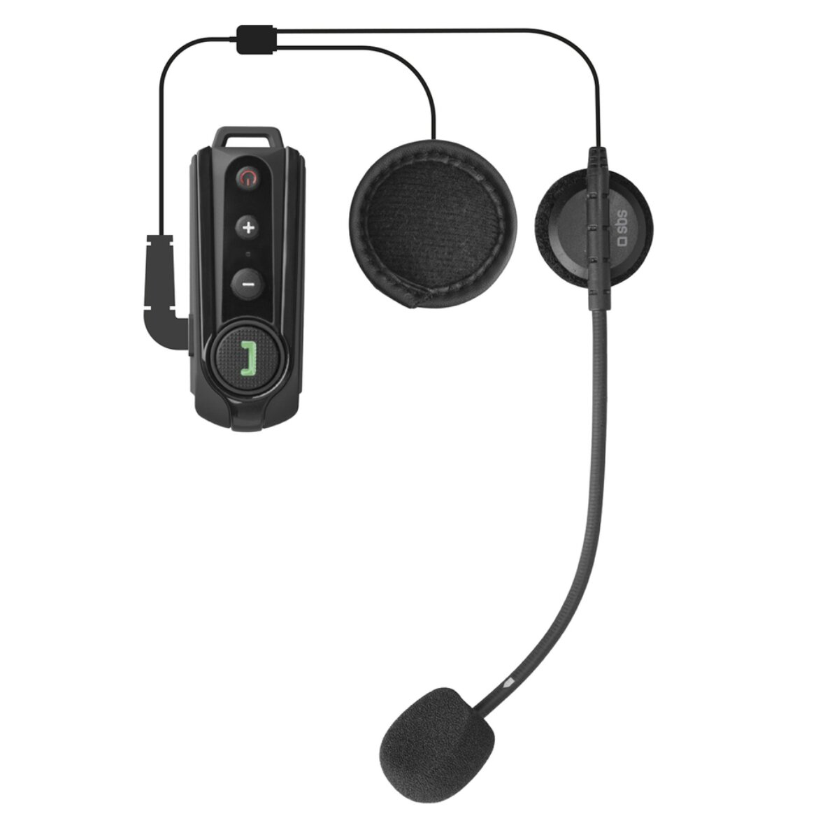 Ein schwarzes Headset mit Mikrofon, Lautsprecher und Steuereinheit.