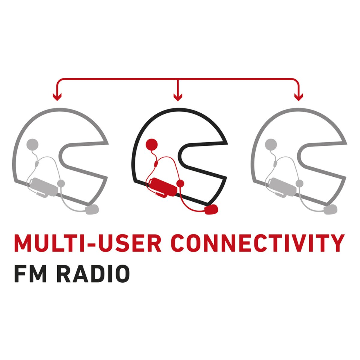 Drei Helme mit Headsets und FM-Radio-Symbolen für Multi-User-Verbindung.